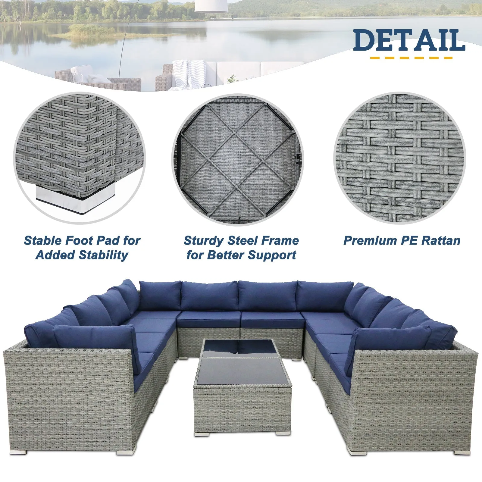 12 Piece Outdoor Wicker Patio Furniture Set with 2 Coffee Tables for 10 People
