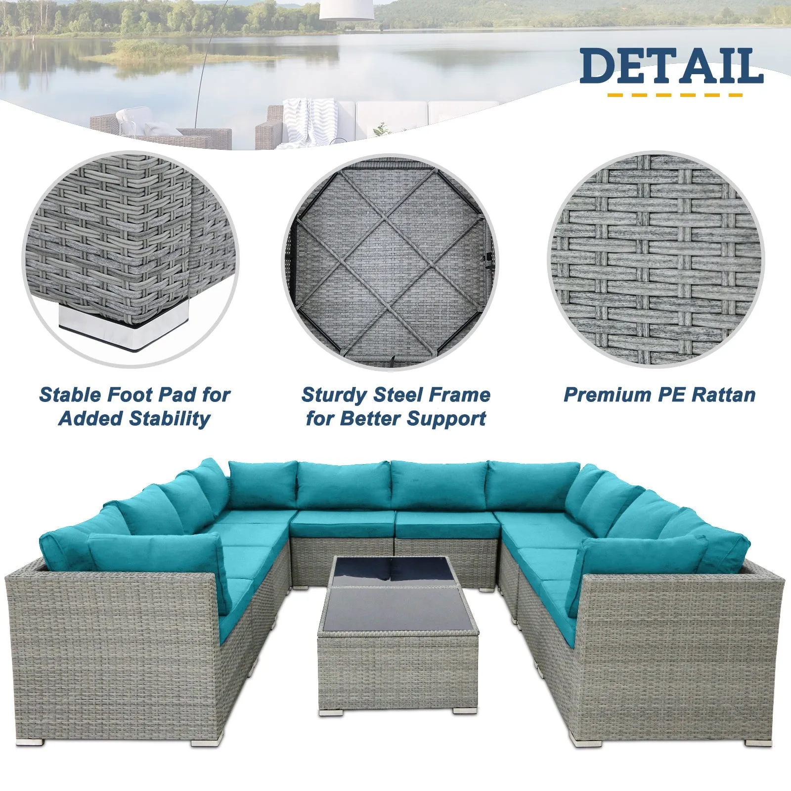 12 Piece Outdoor Wicker Patio Furniture Set with 2 Coffee Tables for 10 People