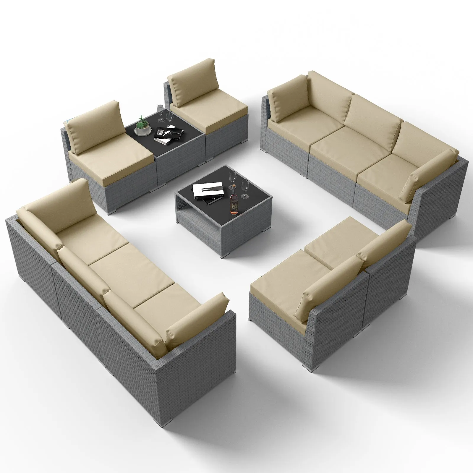 12 Piece Outdoor Wicker Patio Furniture Set with 2 Coffee Tables for 10 People