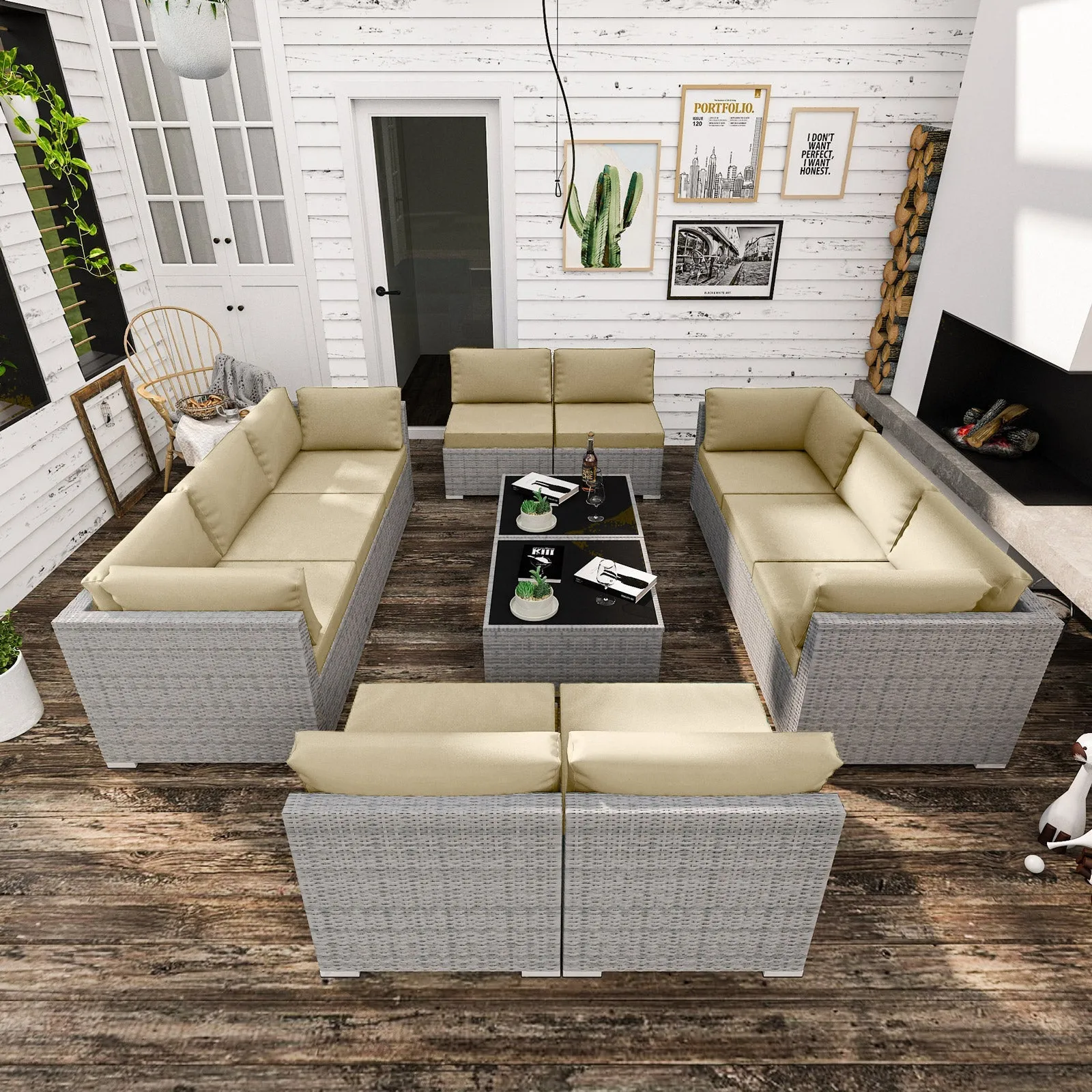 12 Piece Outdoor Wicker Patio Furniture Set with 2 Coffee Tables for 10 People