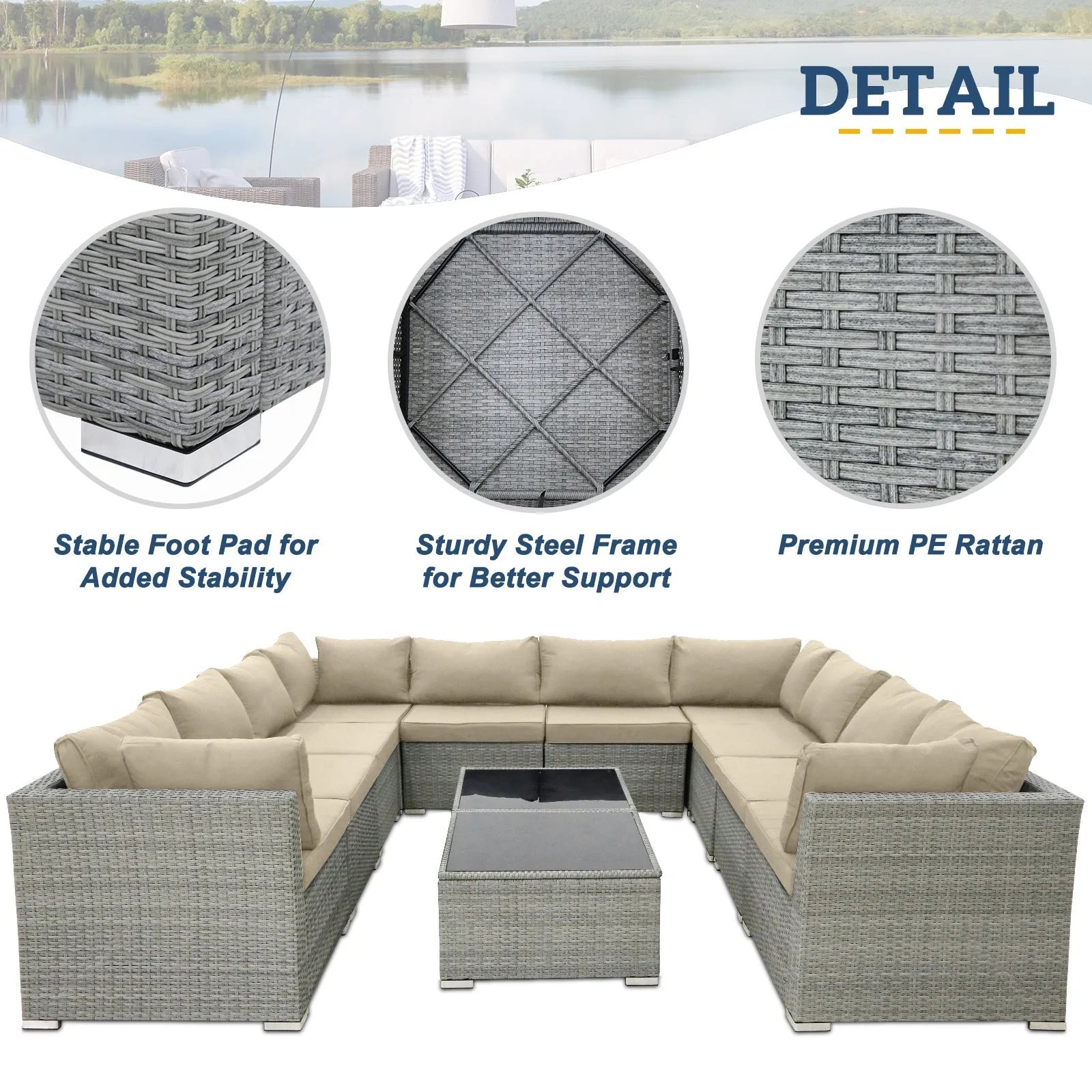 12 Piece Outdoor Wicker Patio Furniture Set with 2 Coffee Tables for 10 People