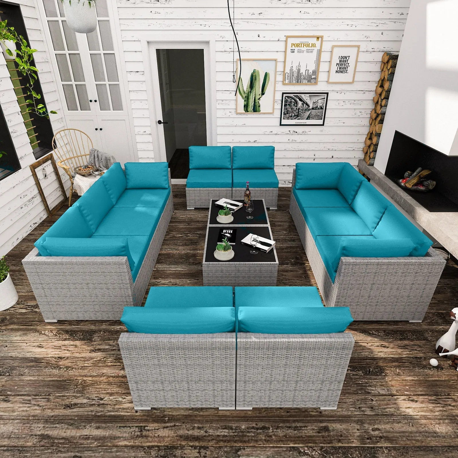 12 Piece Outdoor Wicker Patio Furniture Set with 2 Coffee Tables for 10 People