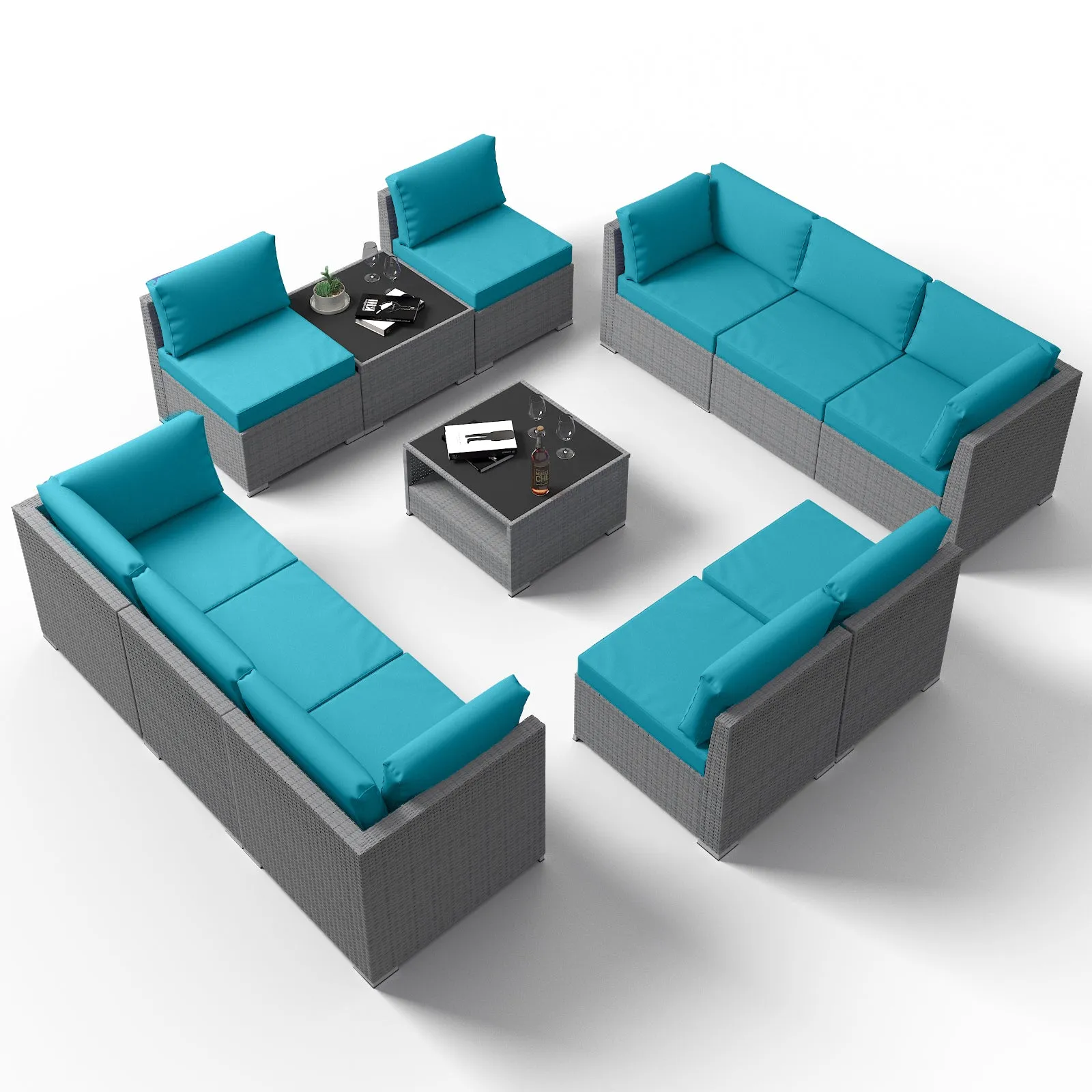 12 Piece Outdoor Wicker Patio Furniture Set with 2 Coffee Tables for 10 People