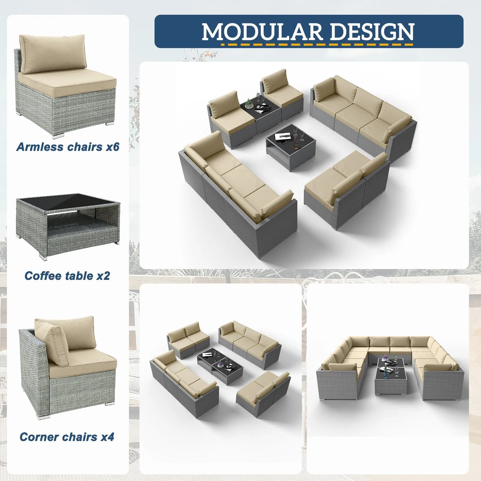 12 Piece Outdoor Wicker Patio Furniture Set with 2 Coffee Tables for 10 People