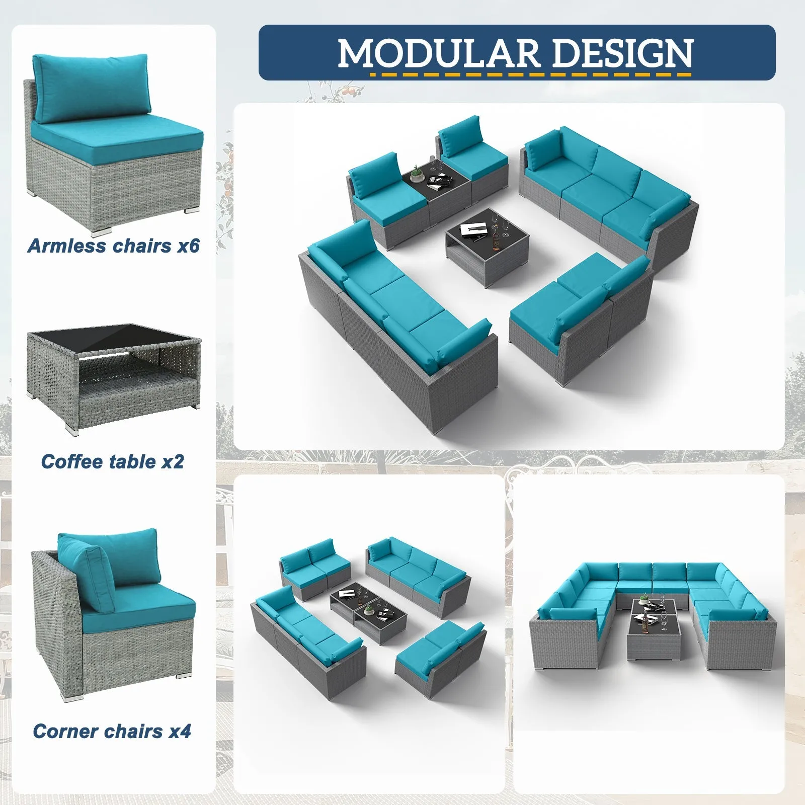 12 Piece Outdoor Wicker Patio Furniture Set with 2 Coffee Tables for 10 People