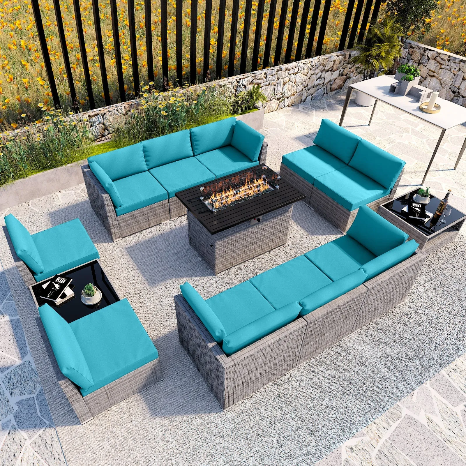13 Piece Outdoor Wicker Patio Furniture Set with Fire Table and 2 Coffee Tables with Seating for 10 People