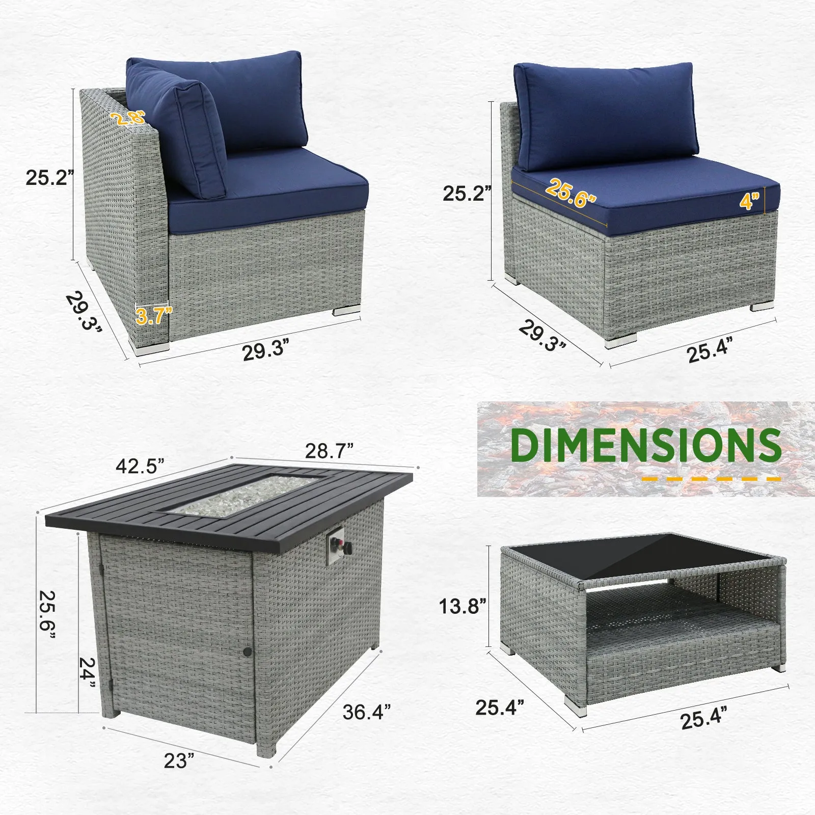 13 Piece Outdoor Wicker Patio Furniture Set with Fire Table and 2 Coffee Tables with Seating for 10 People
