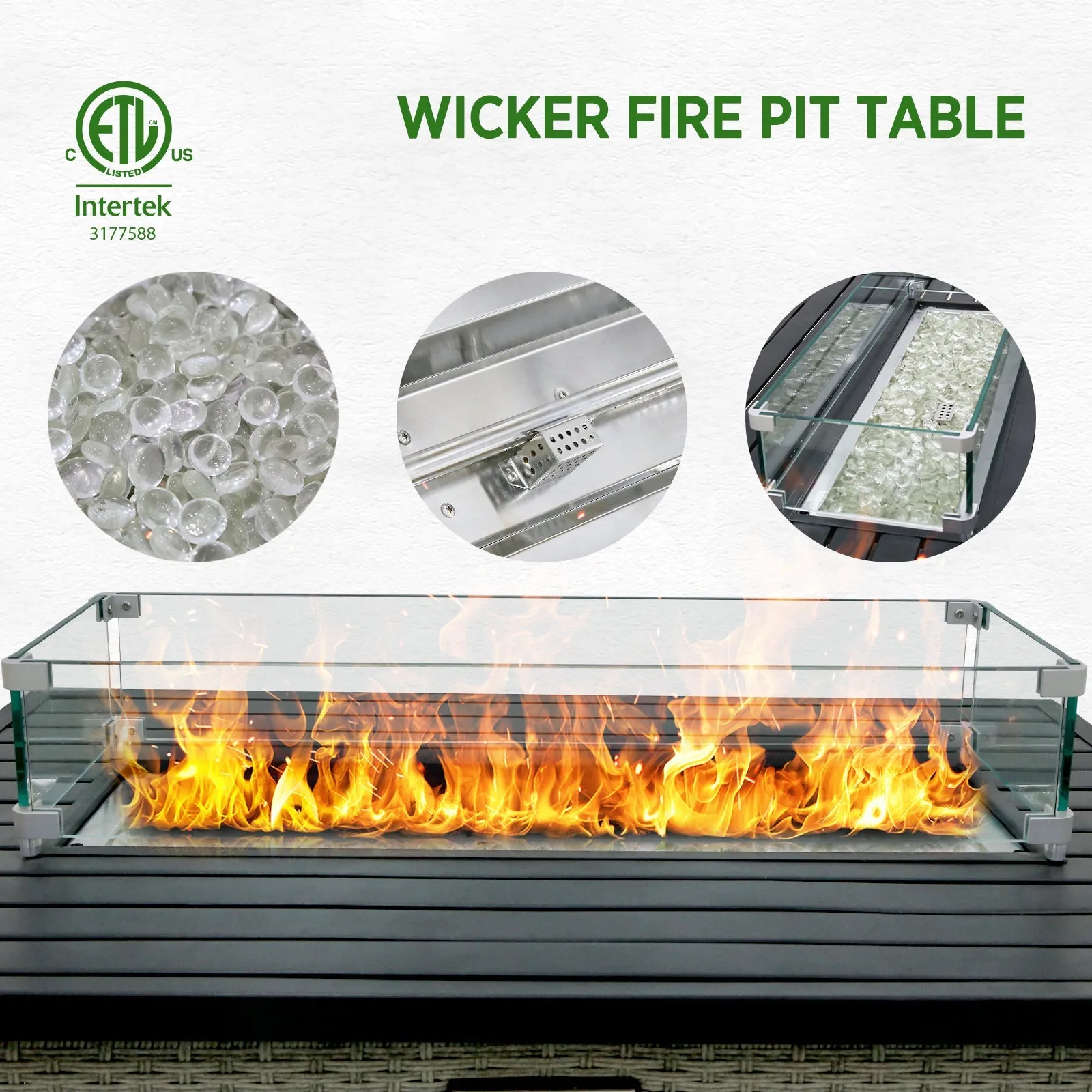 13 Piece Outdoor Wicker Patio Furniture Set with Fire Table and 2 Coffee Tables with Seating for 10 People