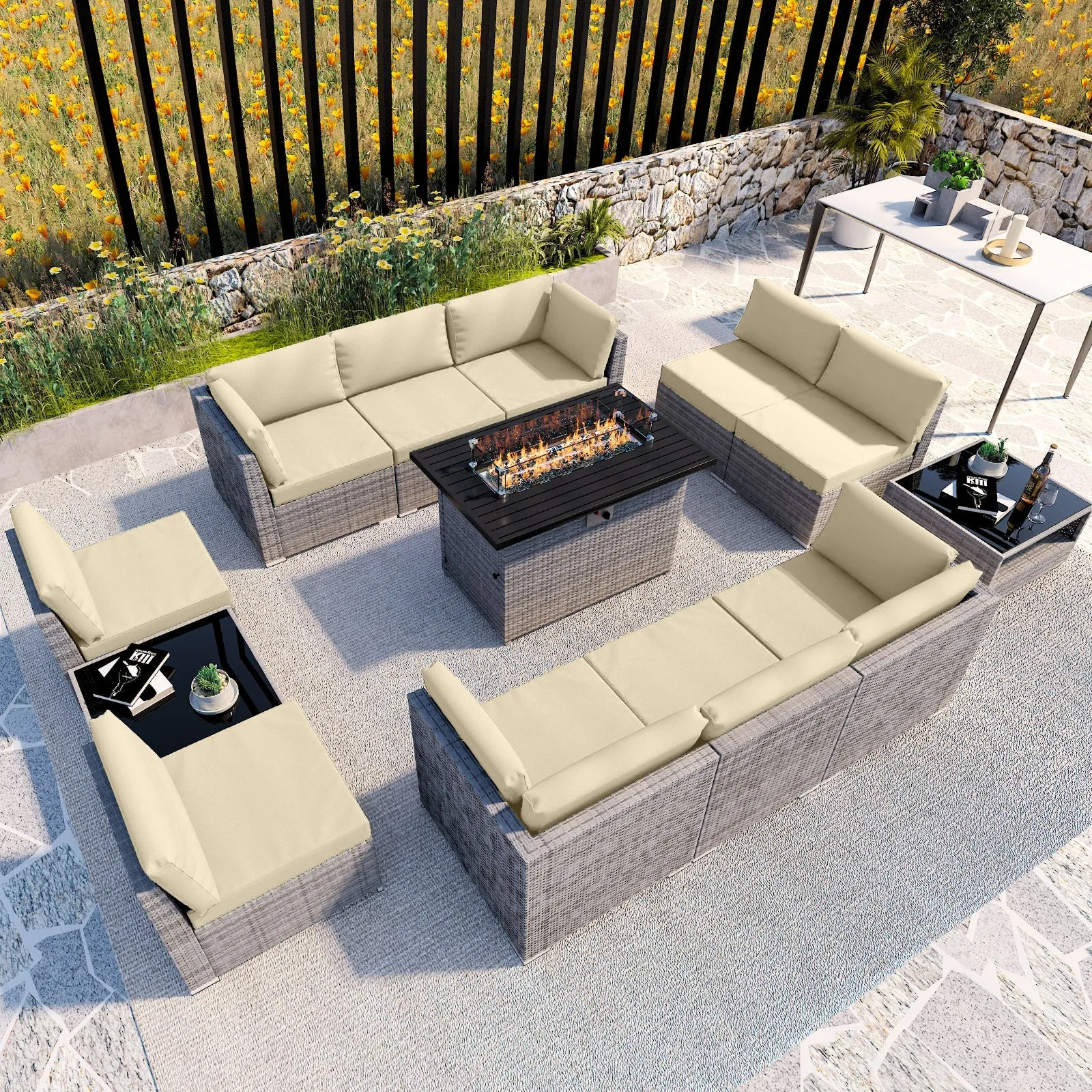 13 Piece Outdoor Wicker Patio Furniture Set with Fire Table and 2 Coffee Tables with Seating for 10 People