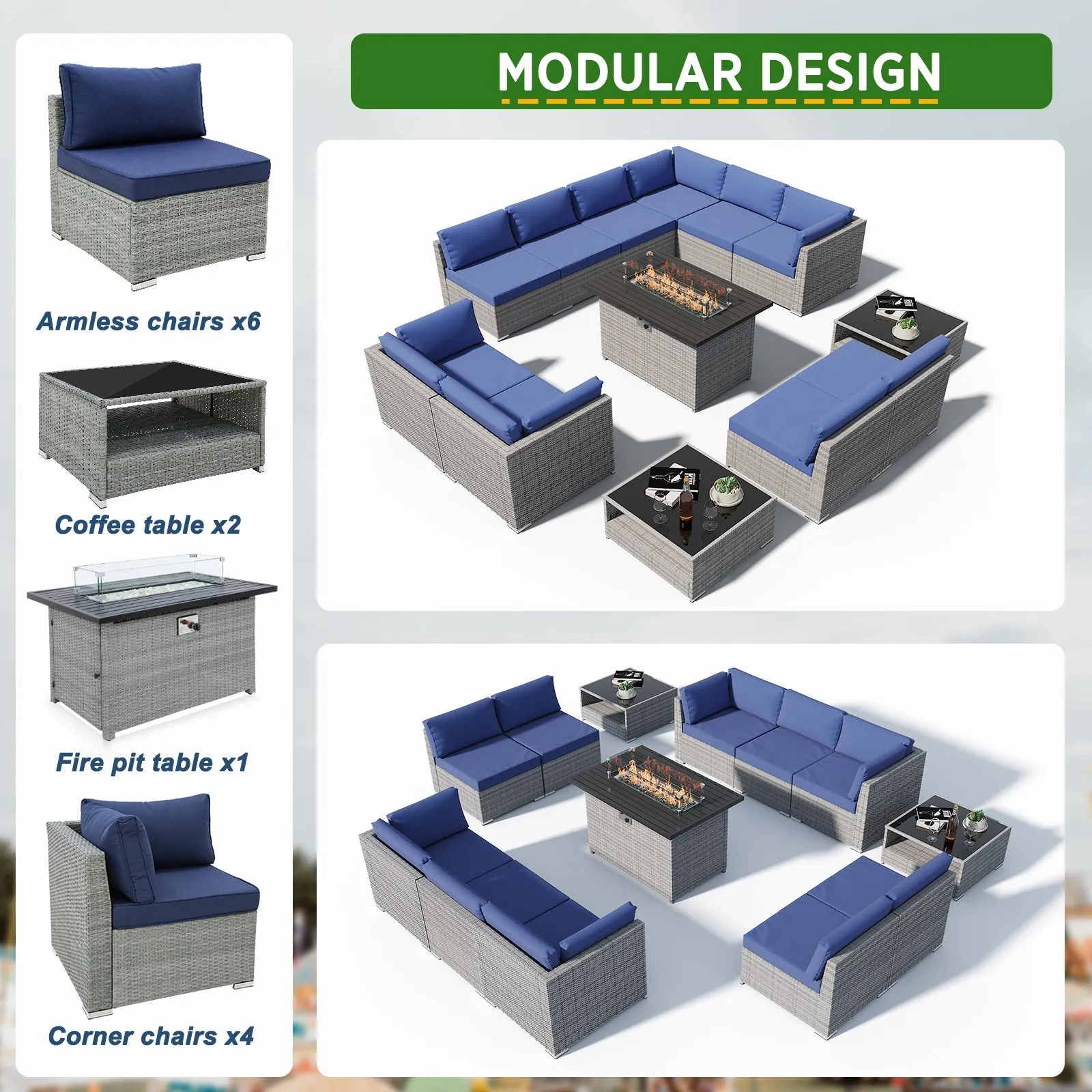 13 Piece Outdoor Wicker Patio Furniture Set with Fire Table and 2 Coffee Tables with Seating for 10 People