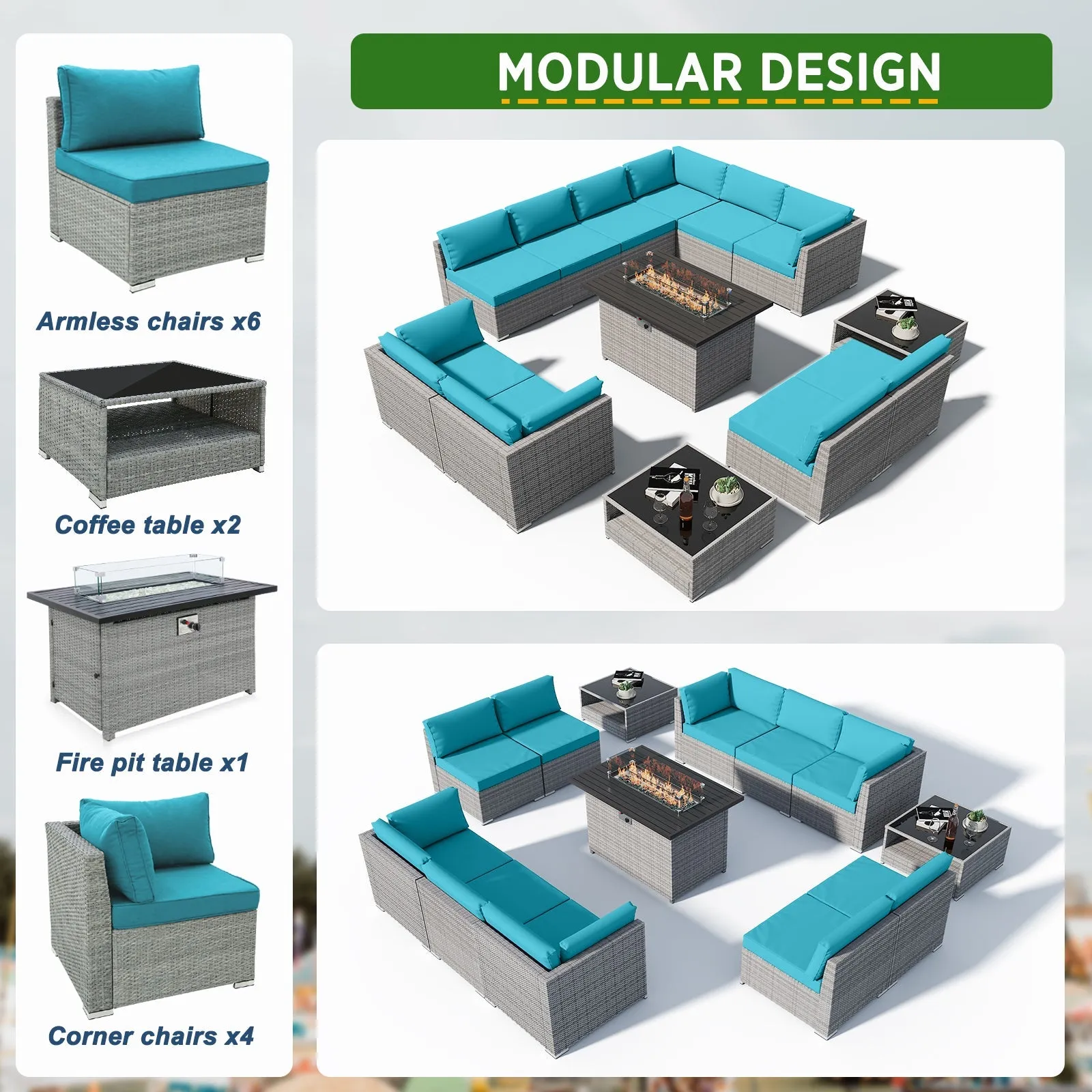 13 Piece Outdoor Wicker Patio Furniture Set with Fire Table and 2 Coffee Tables with Seating for 10 People