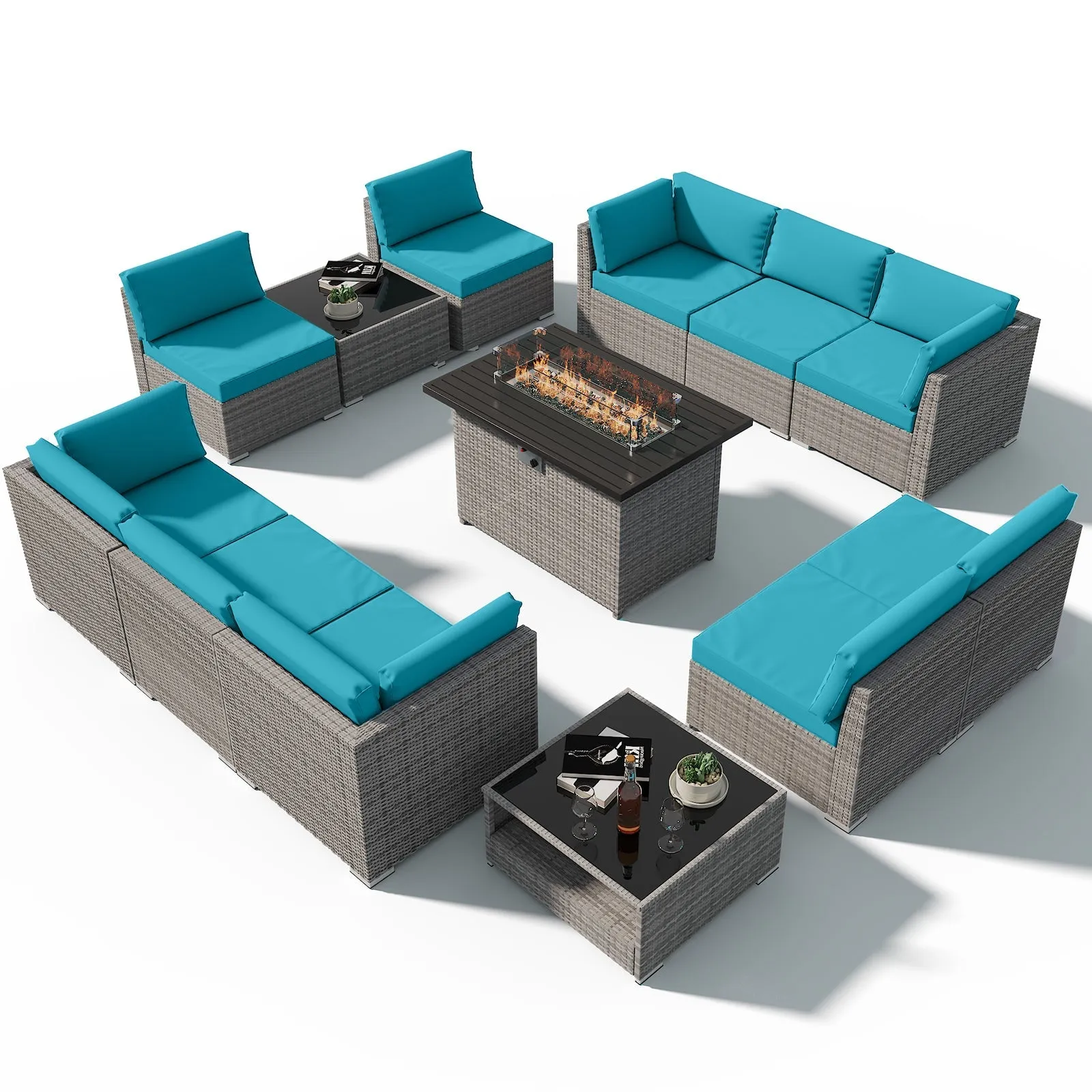 13 Piece Outdoor Wicker Patio Furniture Set with Fire Table and 2 Coffee Tables with Seating for 10 People