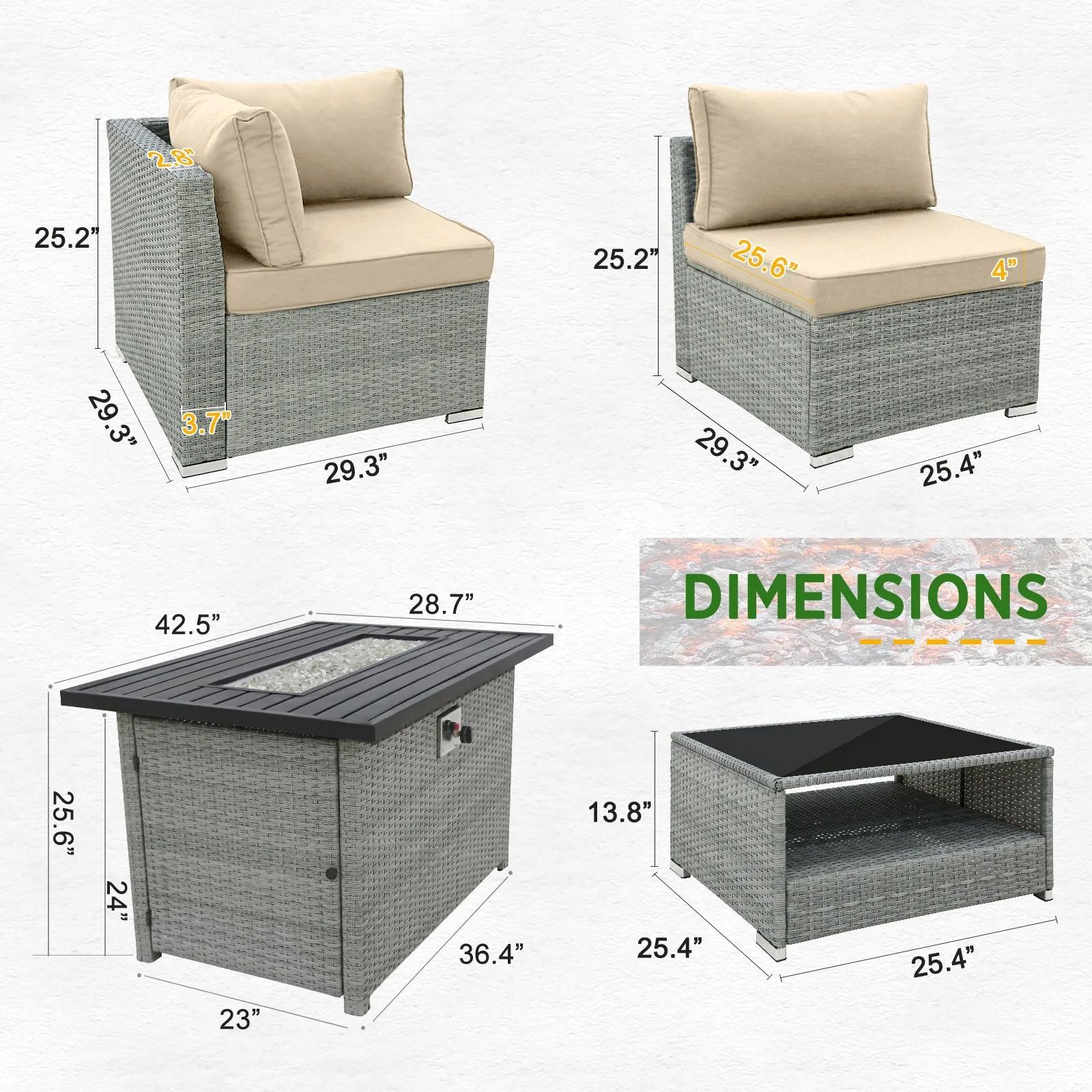 13 Piece Outdoor Wicker Patio Furniture Set with Fire Table and 2 Coffee Tables with Seating for 10 People
