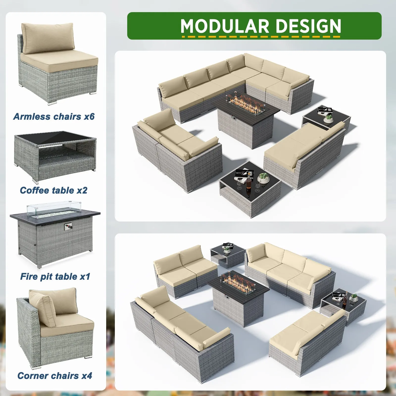 13 Piece Outdoor Wicker Patio Furniture Set with Fire Table and 2 Coffee Tables with Seating for 10 People