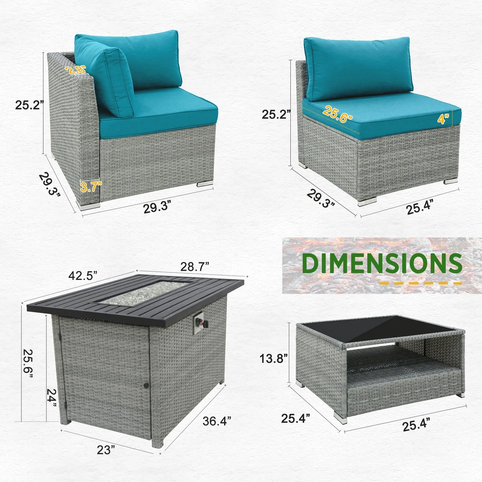 13 Piece Outdoor Wicker Patio Furniture Set with Fire Table and 2 Coffee Tables with Seating for 10 People