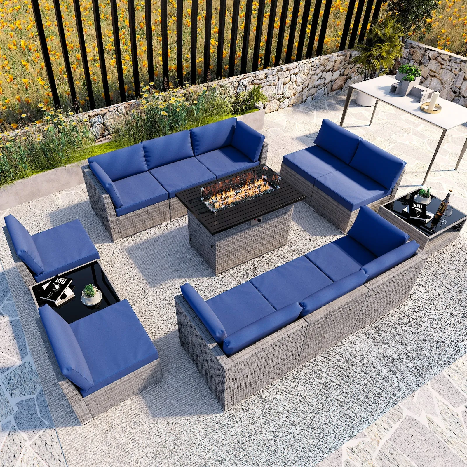 13 Piece Outdoor Wicker Patio Furniture Set with Fire Table and 2 Coffee Tables with Seating for 10 People