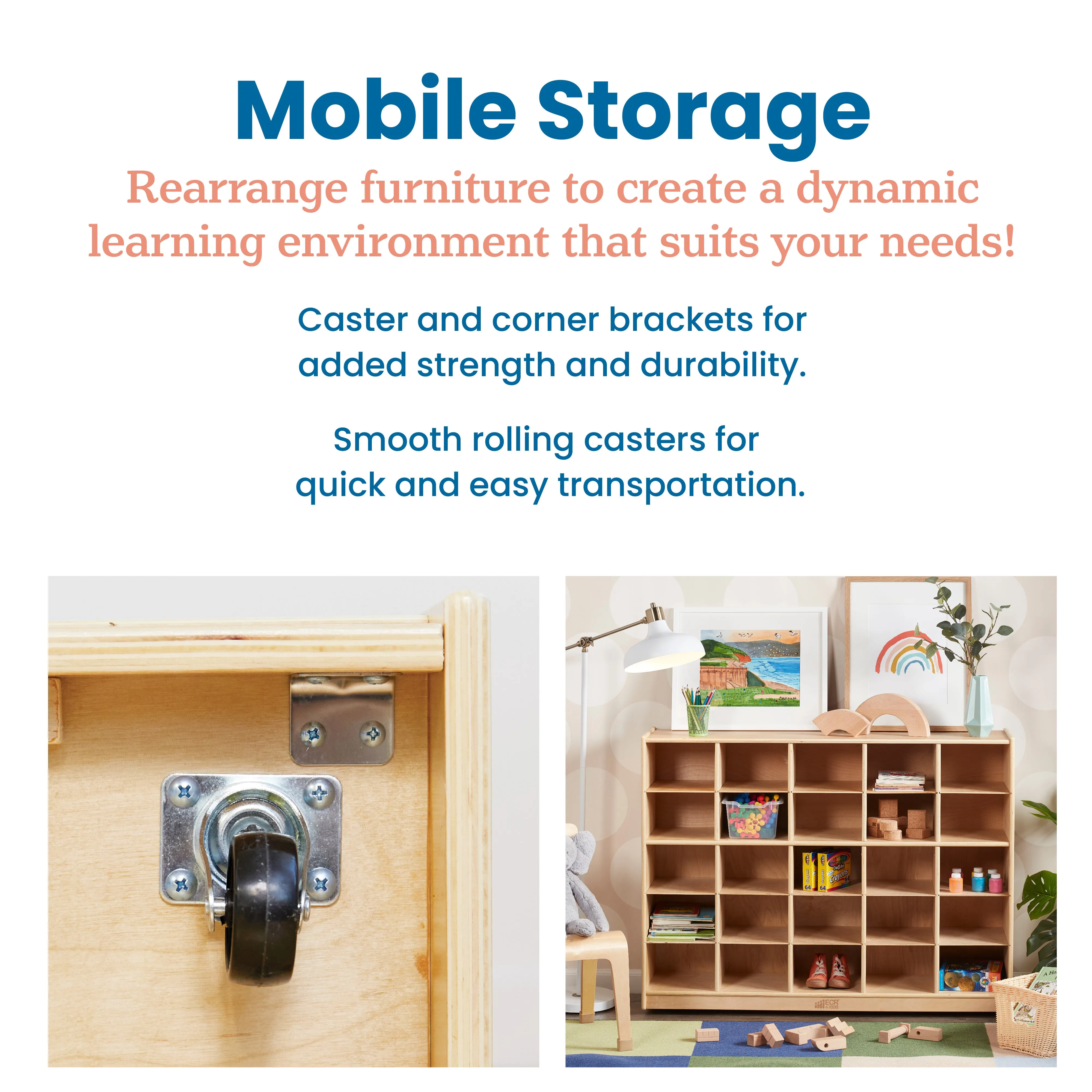 25 Cubby Mobile Tray Storage Cabinet, 5x5, Classroom Furniture