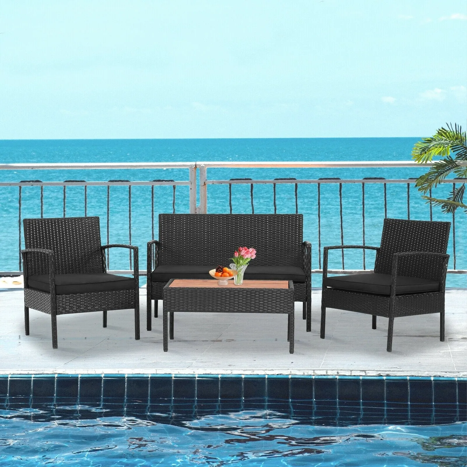 4pc Patio Rattan Furniture Set - Black