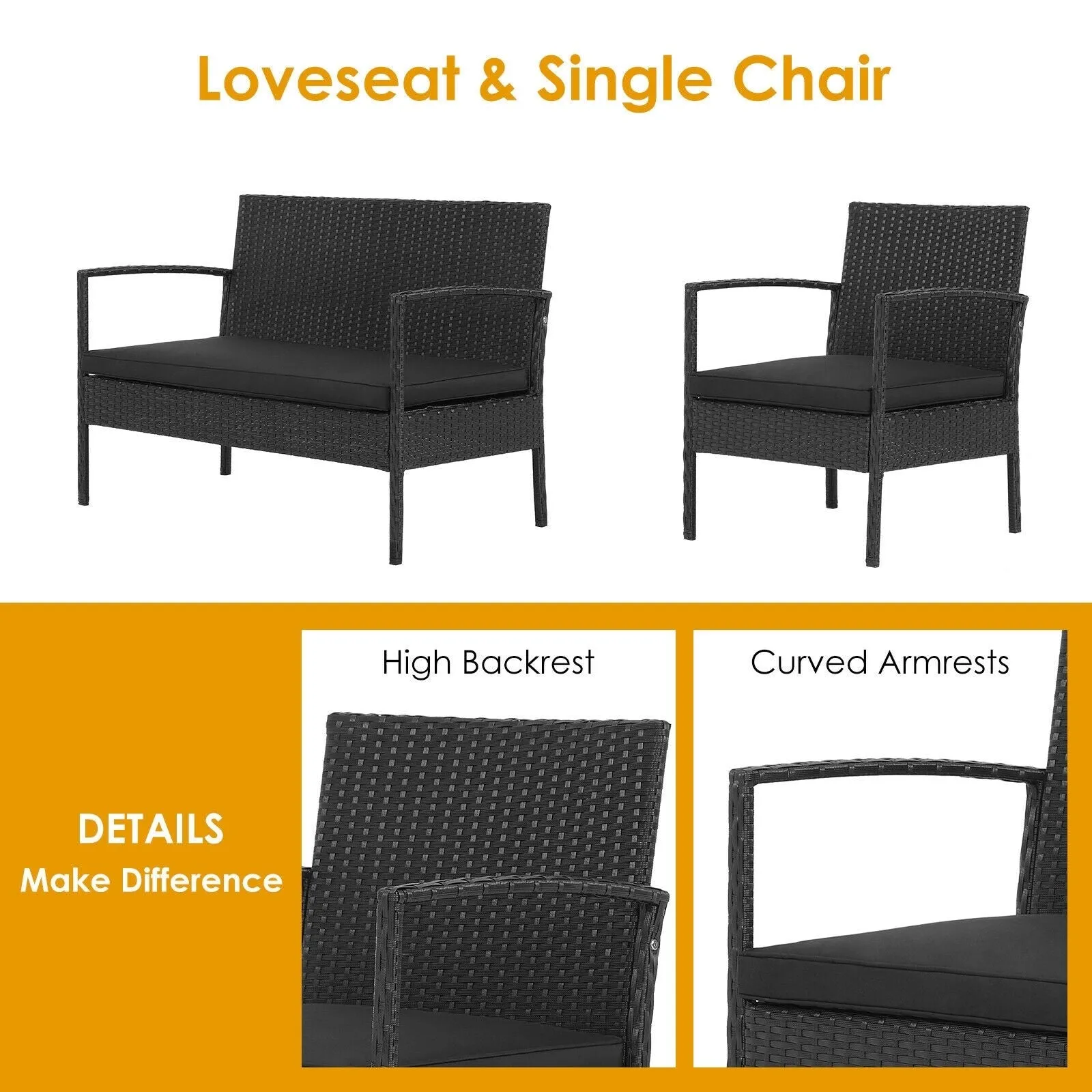 4pc Patio Rattan Furniture Set - Black