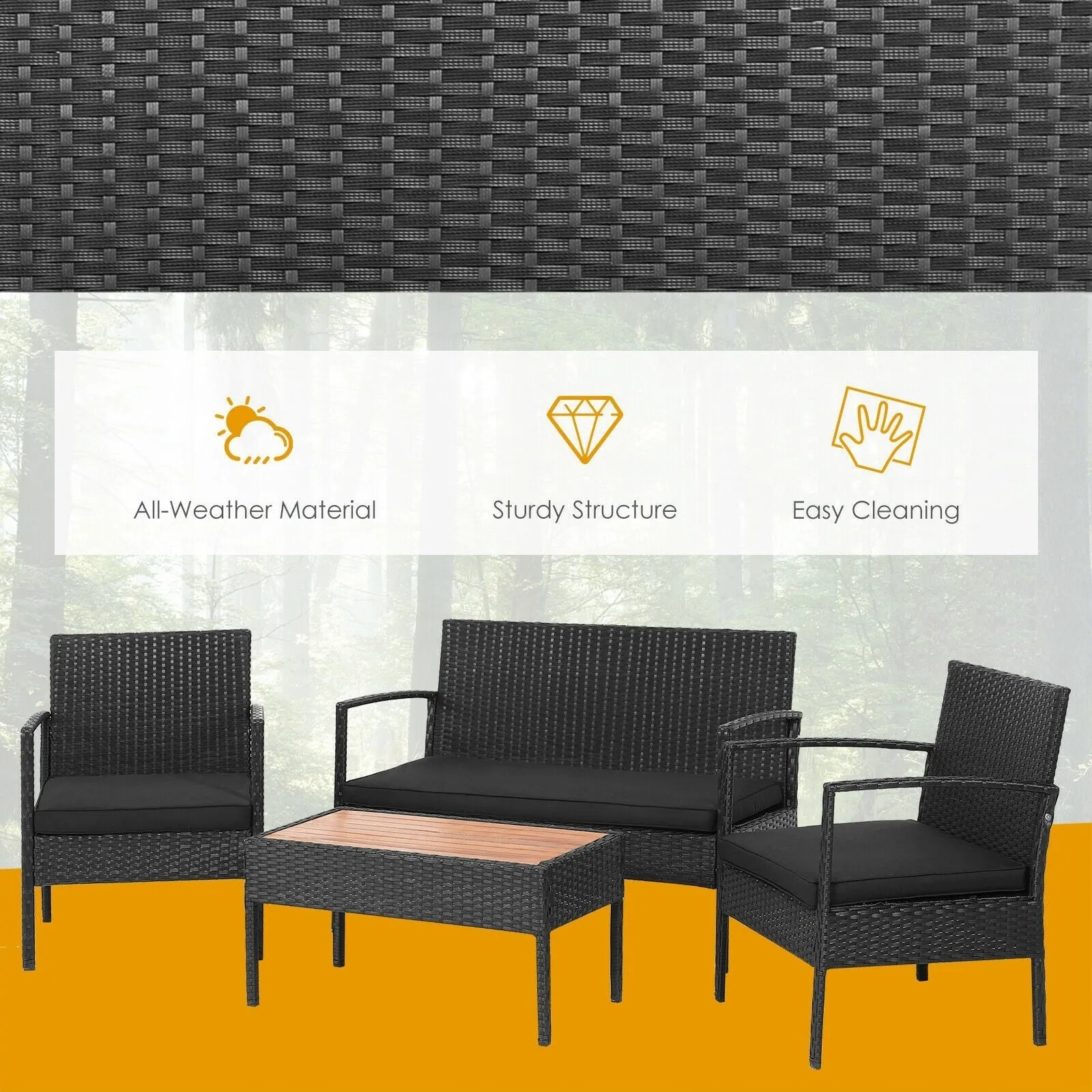 4pc Patio Rattan Furniture Set - Black