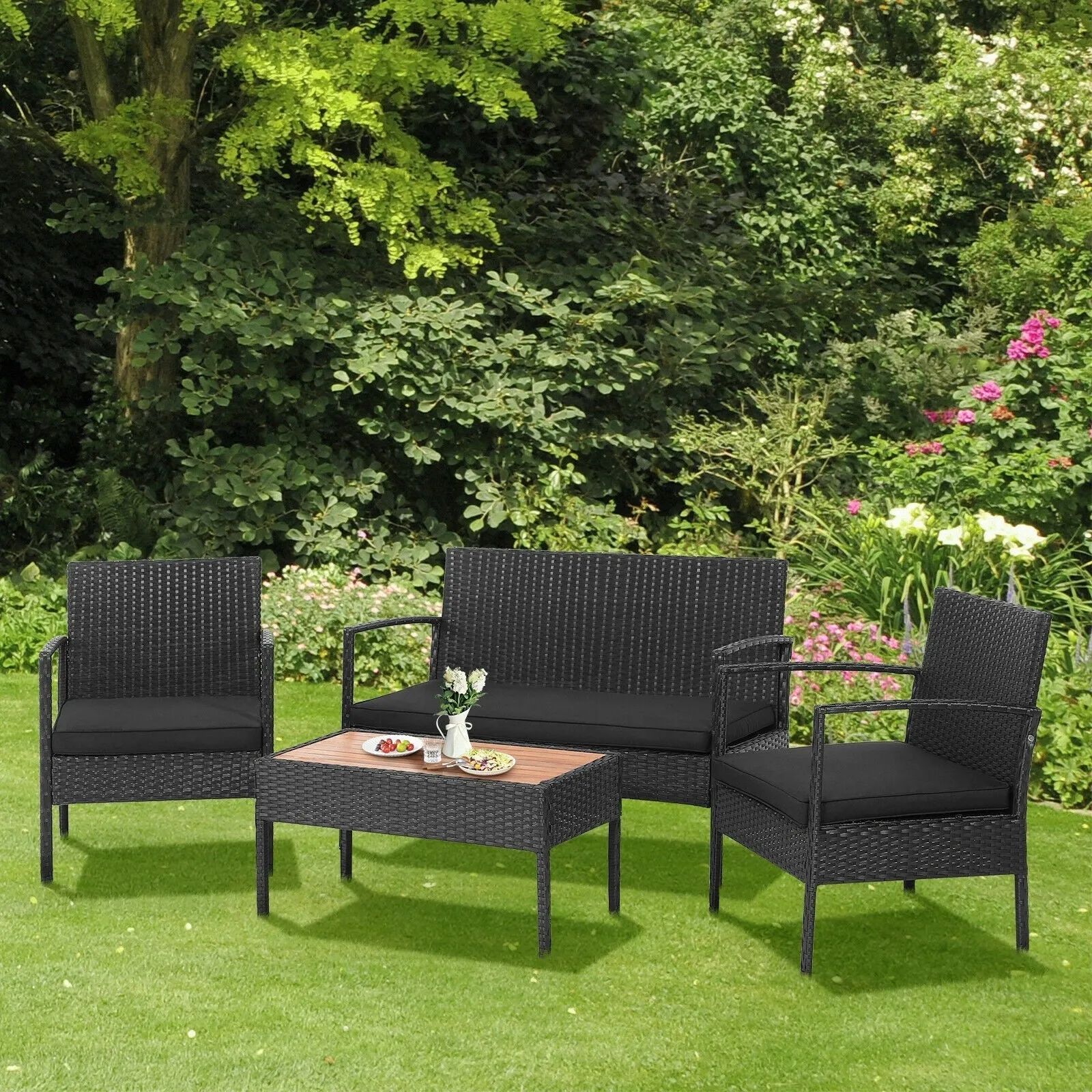 4pc Patio Rattan Furniture Set - Black