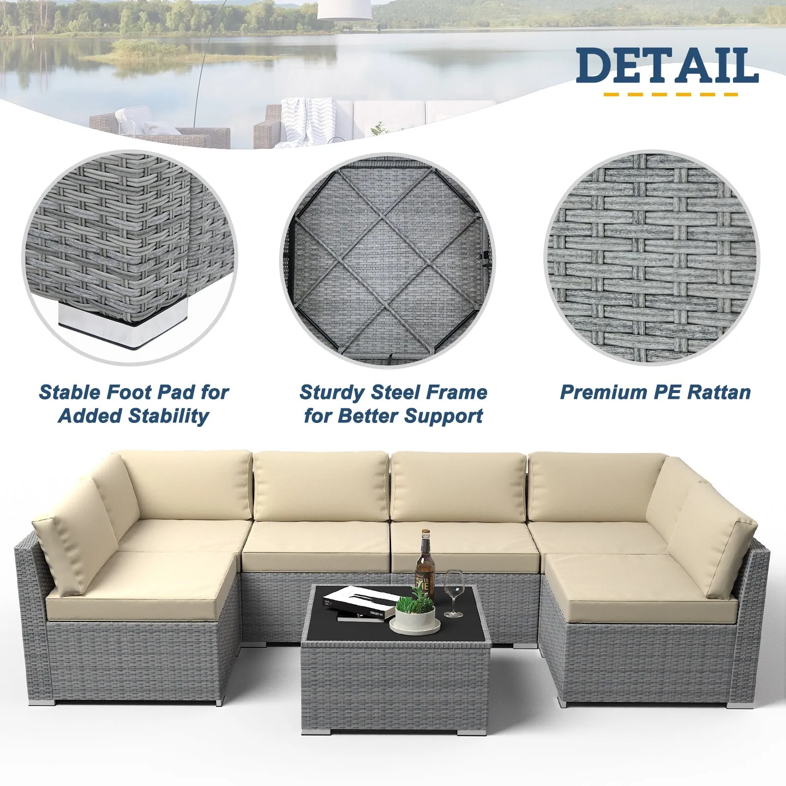 7 Piece Outdoor Wicker Patio Furniture Set with Coffee Table for 6 People