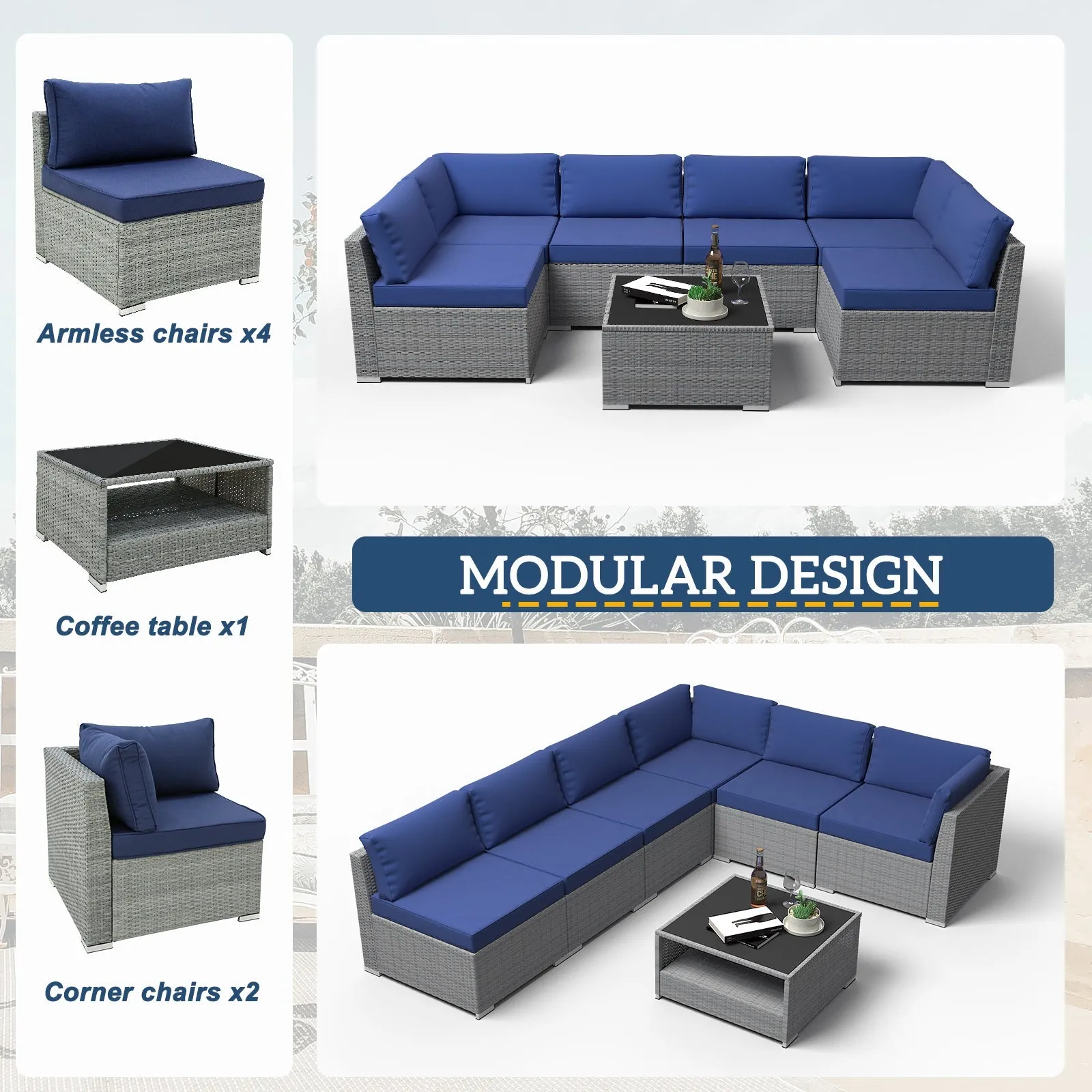 7 Piece Outdoor Wicker Patio Furniture Set with Coffee Table for 6 People