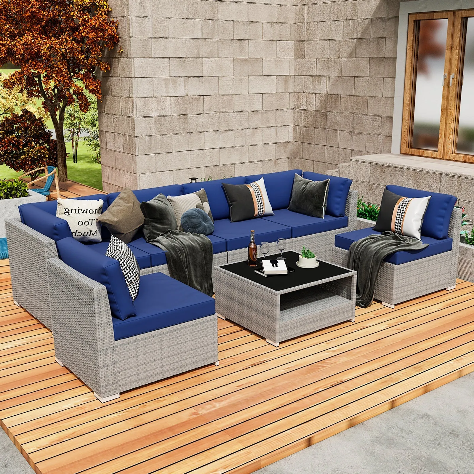 7 Piece Outdoor Wicker Patio Furniture Set with Coffee Table for 6 People