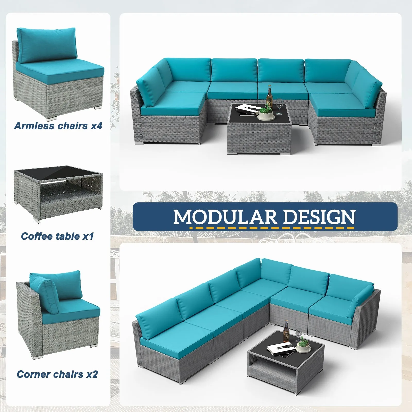7 Piece Outdoor Wicker Patio Furniture Set with Coffee Table for 6 People