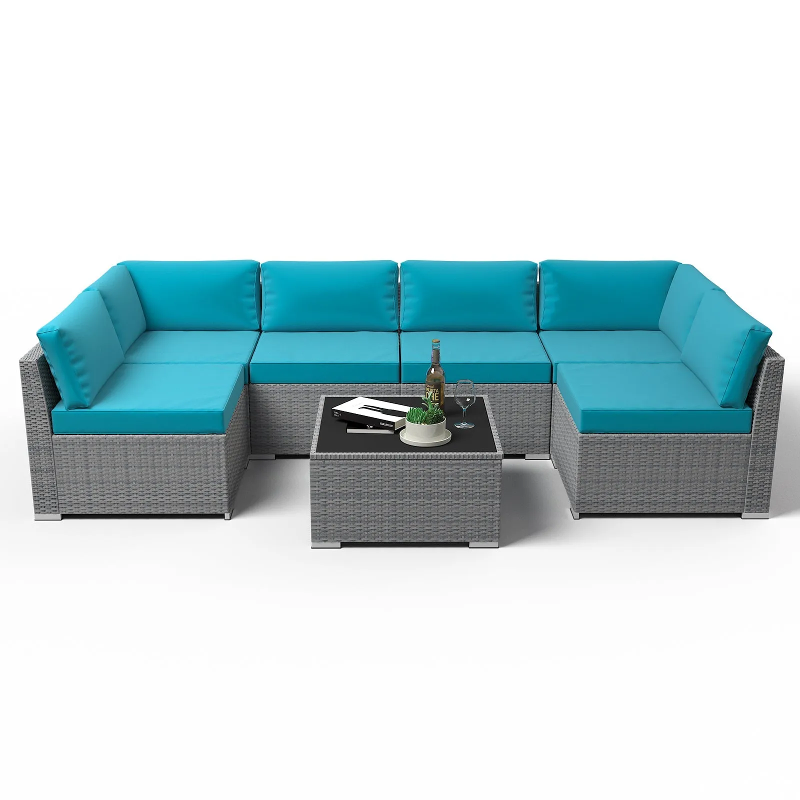 7 Piece Outdoor Wicker Patio Furniture Set with Coffee Table for 6 People
