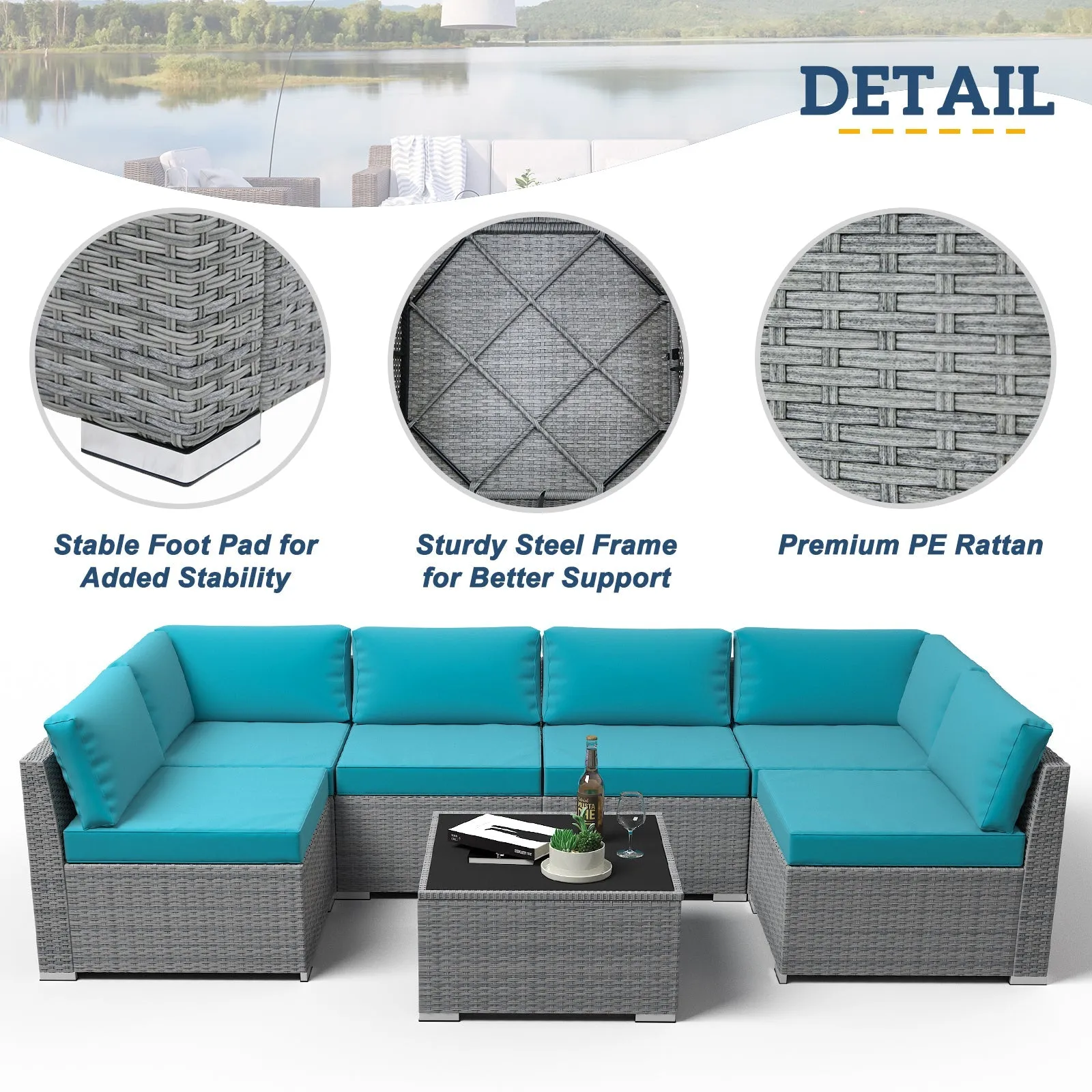 7 Piece Outdoor Wicker Patio Furniture Set with Coffee Table for 6 People
