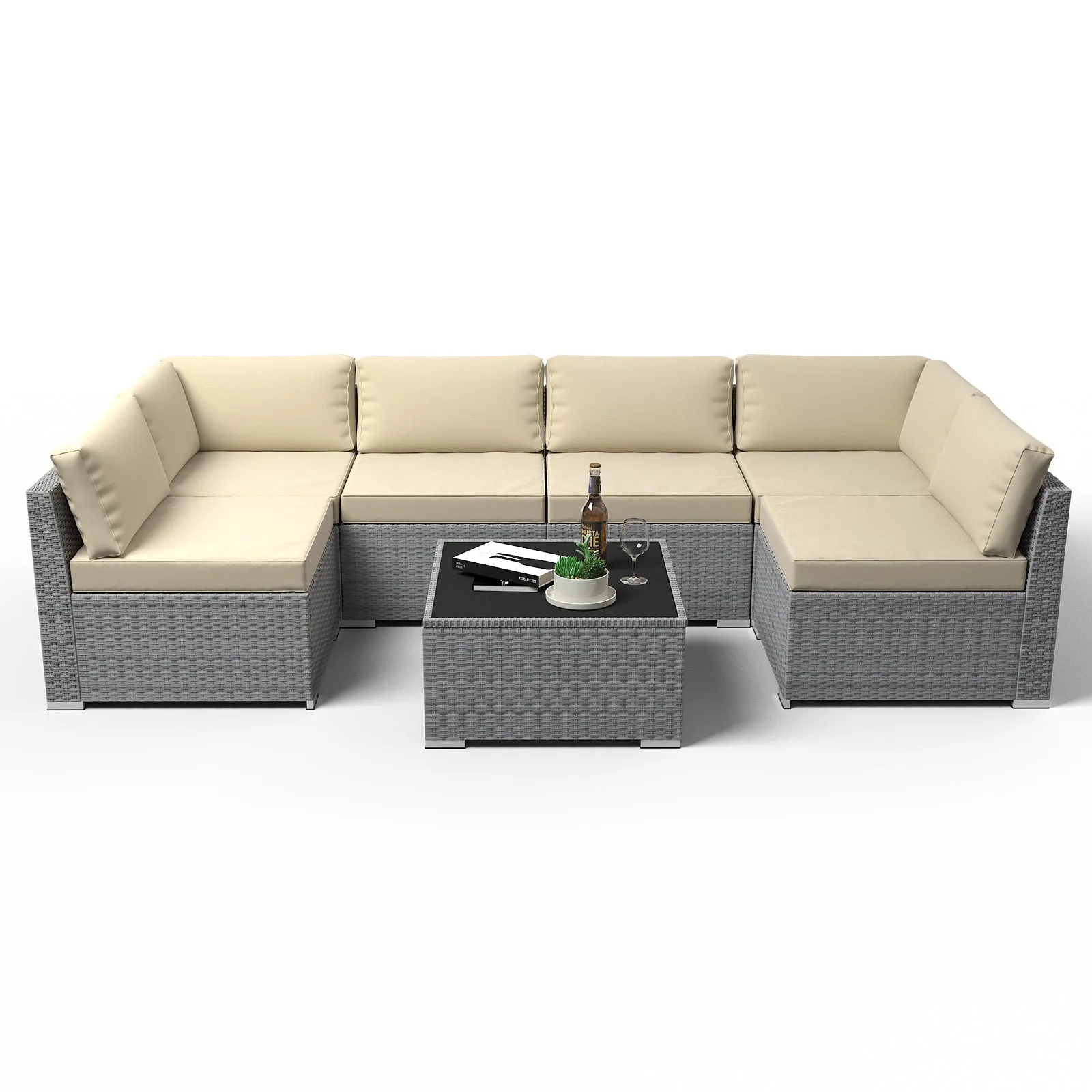 7 Piece Outdoor Wicker Patio Furniture Set with Coffee Table for 6 People