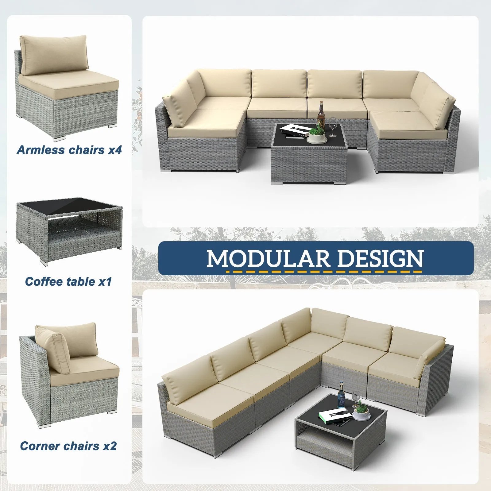 7 Piece Outdoor Wicker Patio Furniture Set with Coffee Table for 6 People