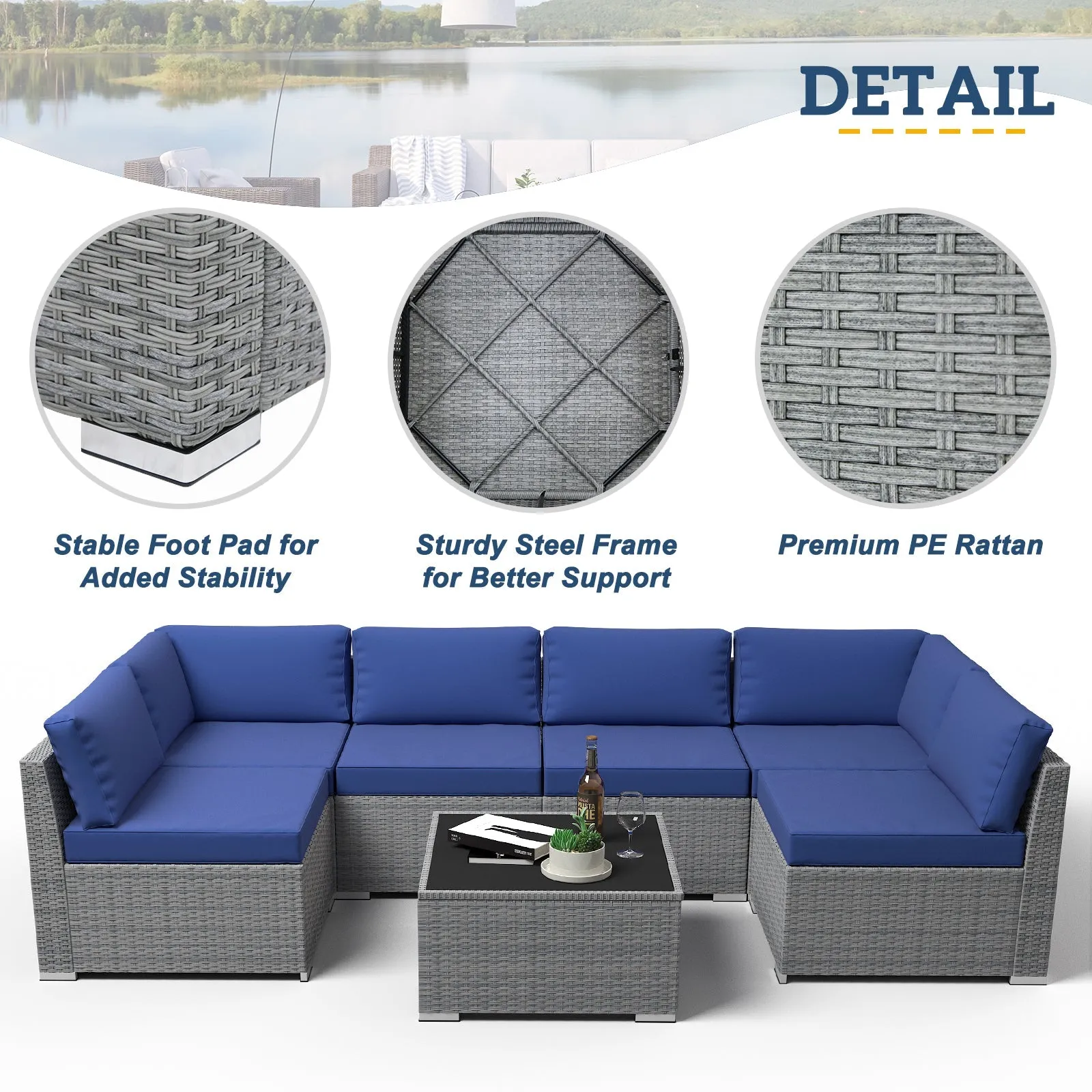 7 Piece Outdoor Wicker Patio Furniture Set with Coffee Table for 6 People