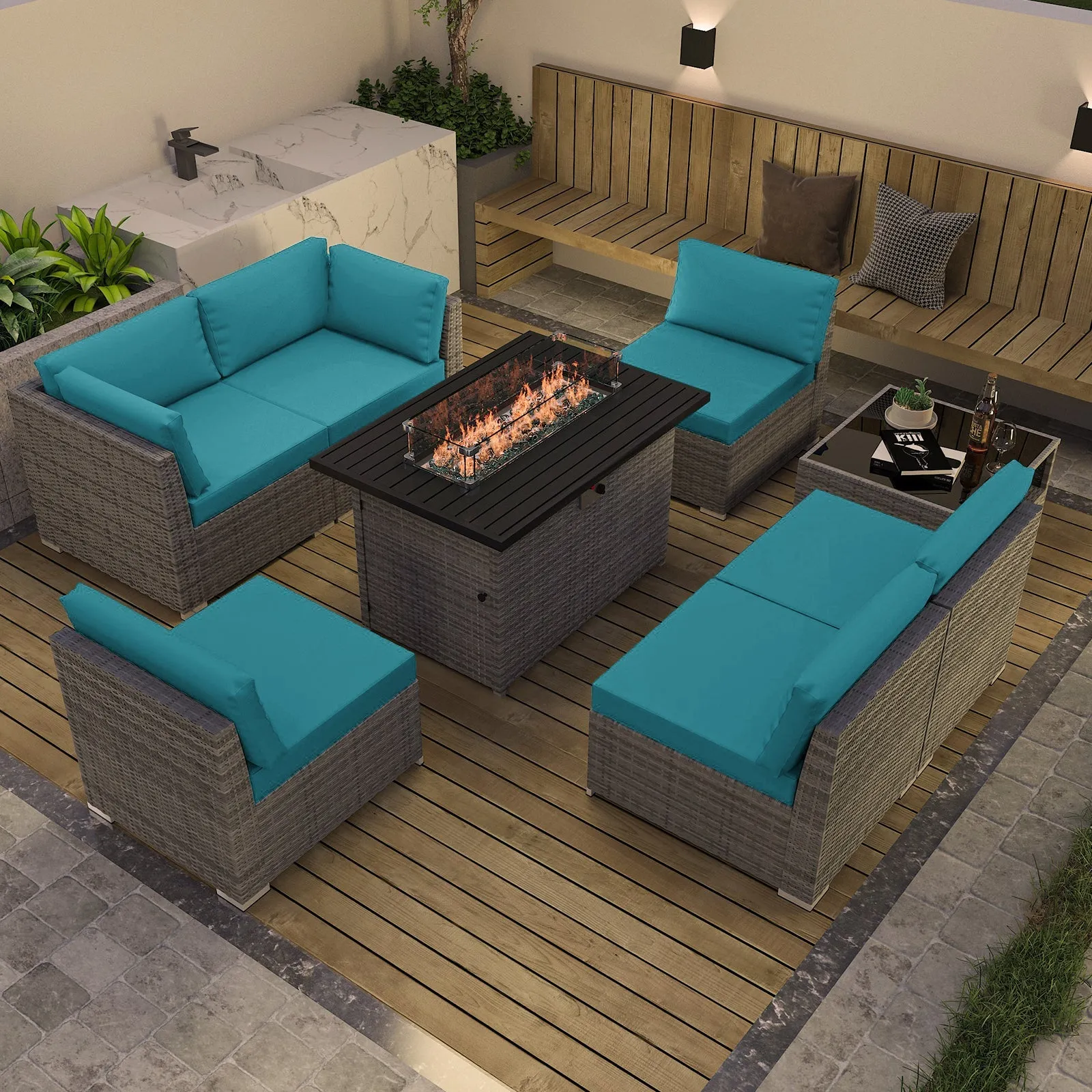 8 Piece Outdoor Wicker Patio Furniture Set with Fire Table and Coffee Table