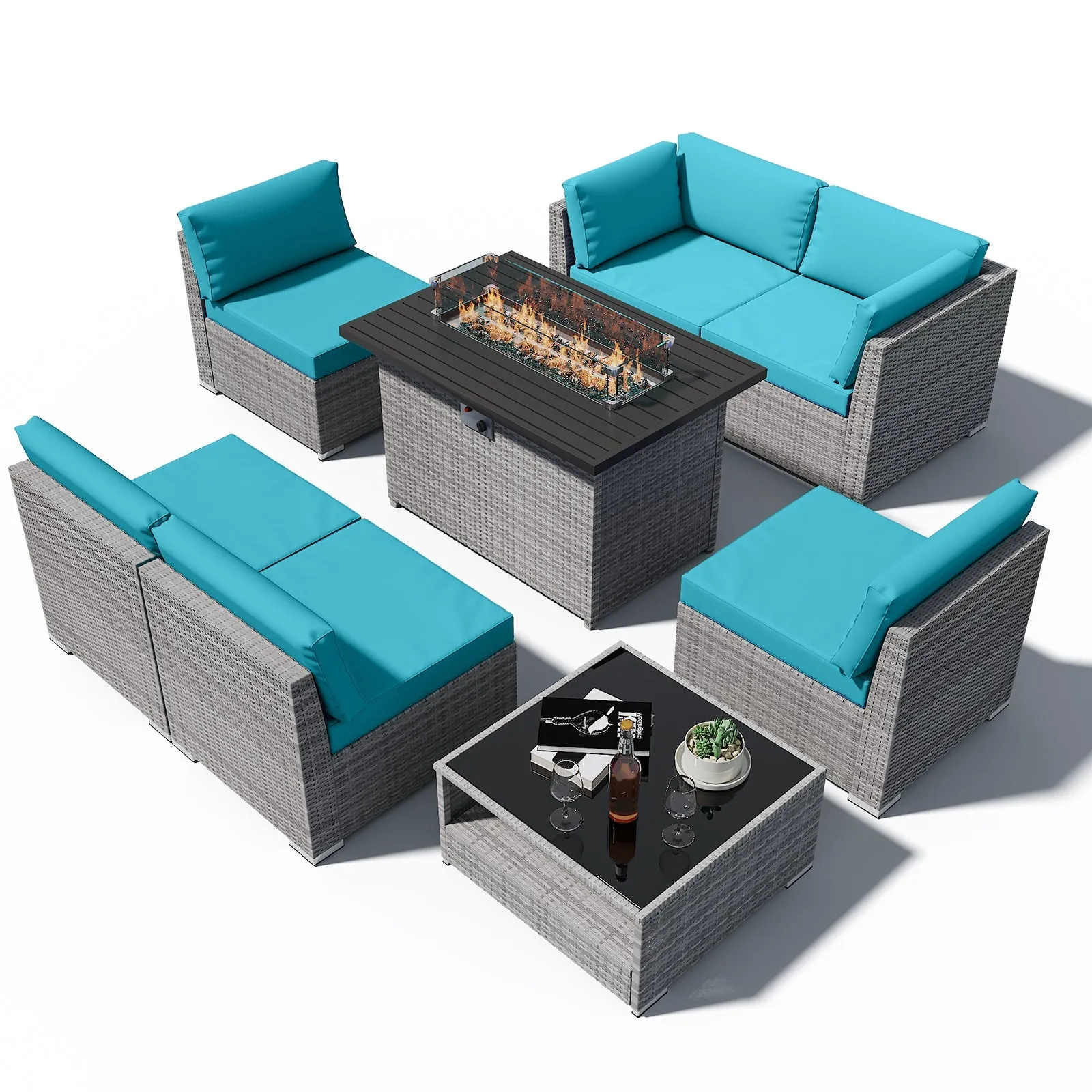 8 Piece Outdoor Wicker Patio Furniture Set with Fire Table and Coffee Table