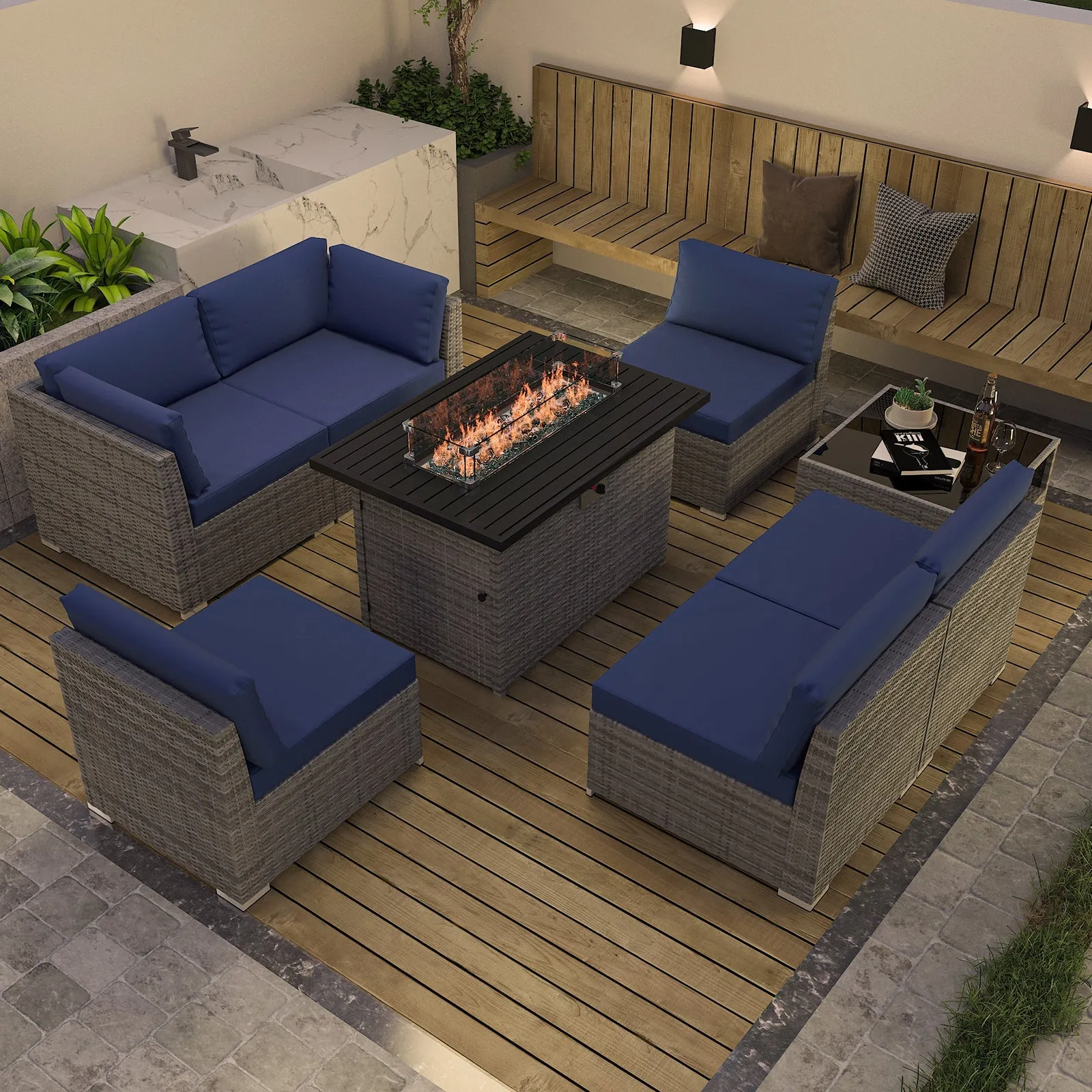 8 Piece Outdoor Wicker Patio Furniture Set with Fire Table and Coffee Table