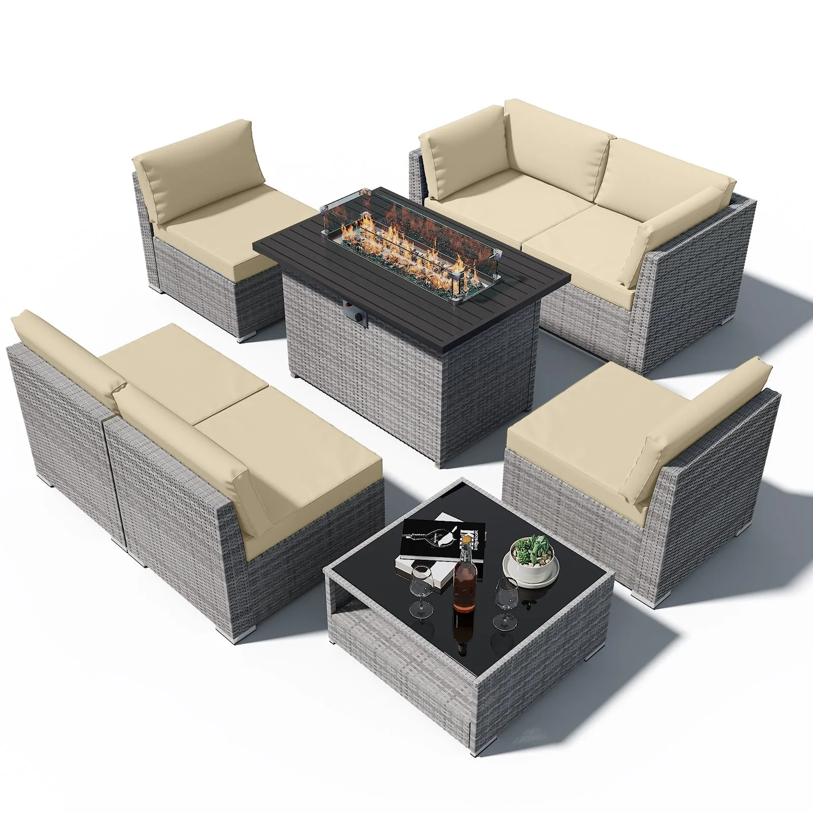 8 Piece Outdoor Wicker Patio Furniture Set with Fire Table and Coffee Table