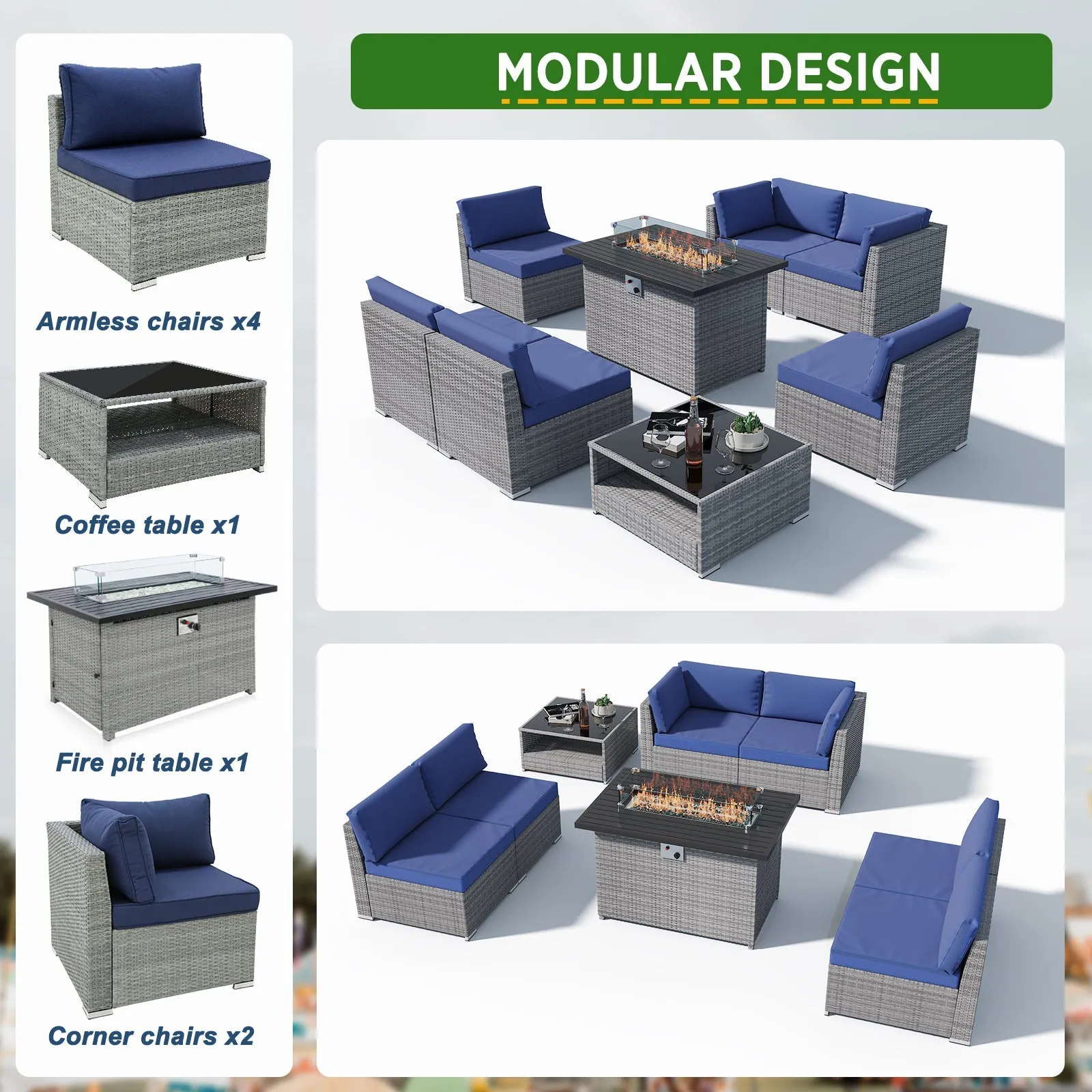 8 Piece Outdoor Wicker Patio Furniture Set with Fire Table and Coffee Table