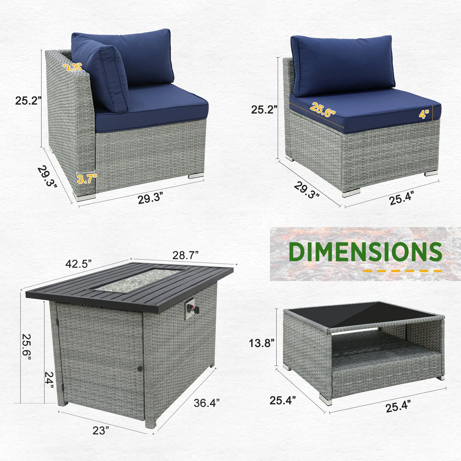 8 Piece Outdoor Wicker Patio Furniture Set with Fire Table and Coffee Table