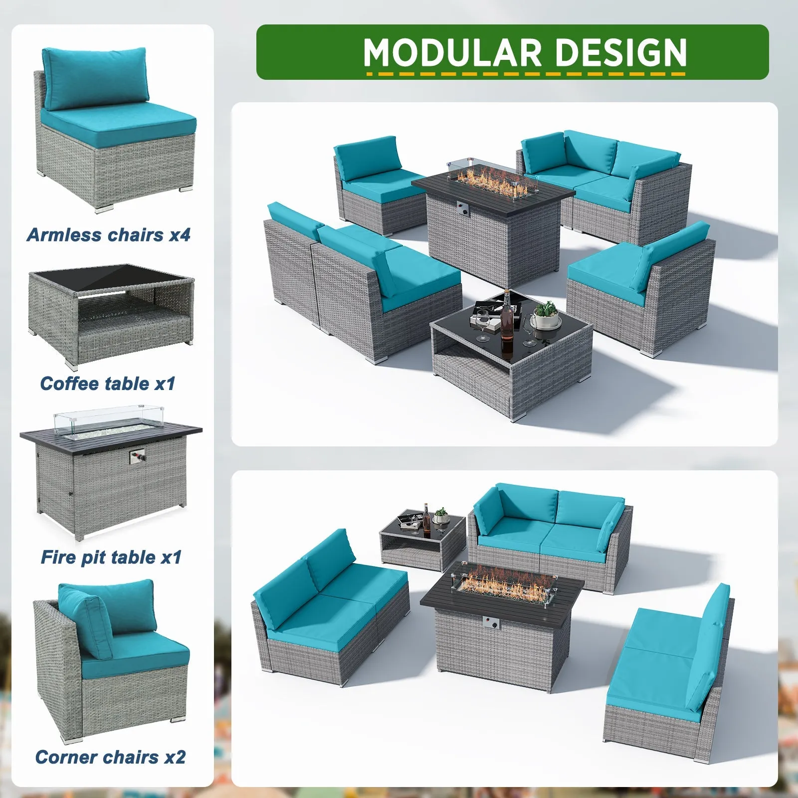 8 Piece Outdoor Wicker Patio Furniture Set with Fire Table and Coffee Table