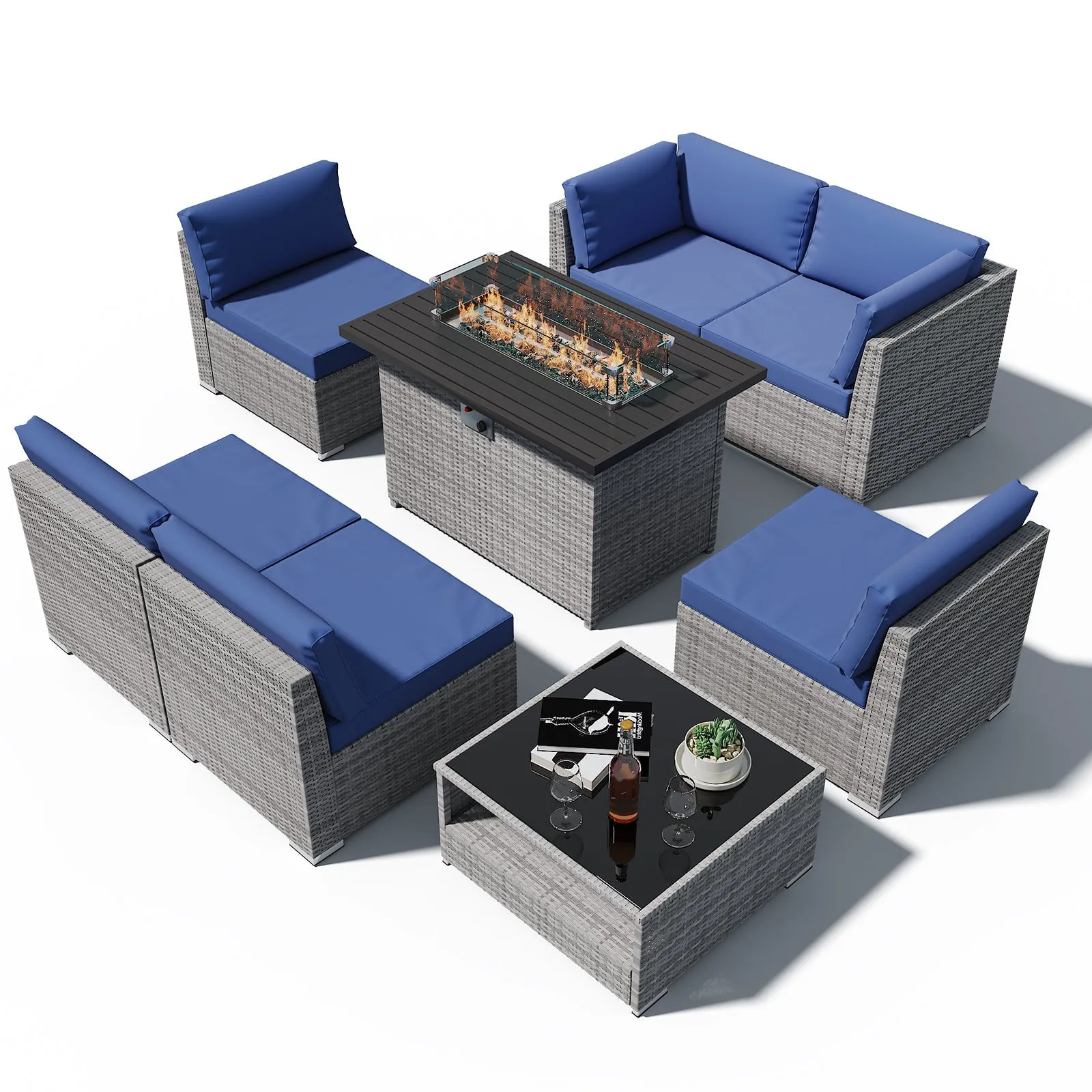 8 Piece Outdoor Wicker Patio Furniture Set with Fire Table and Coffee Table