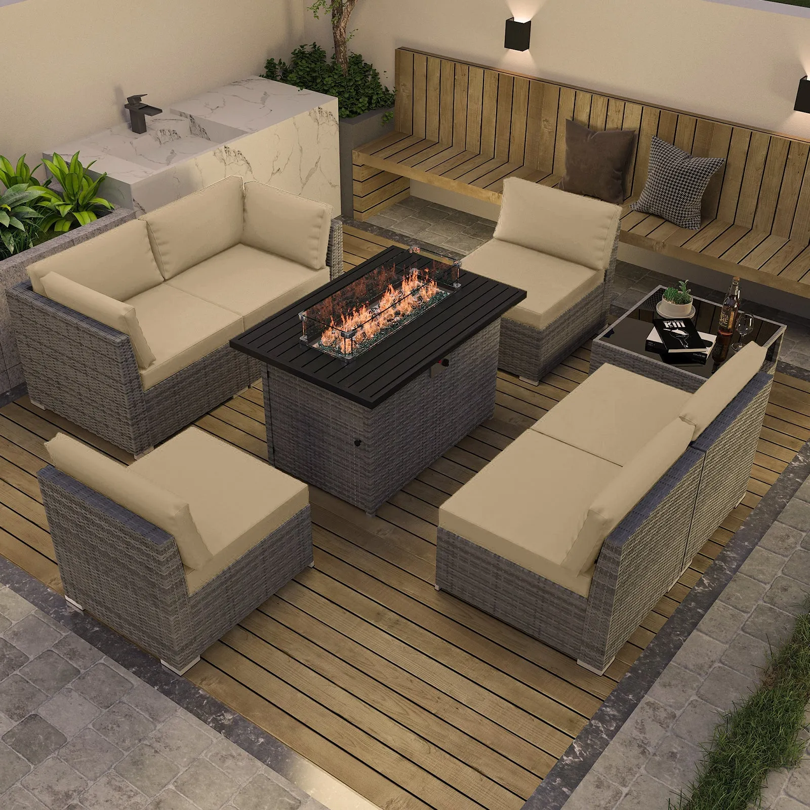 8 Piece Outdoor Wicker Patio Furniture Set with Fire Table and Coffee Table