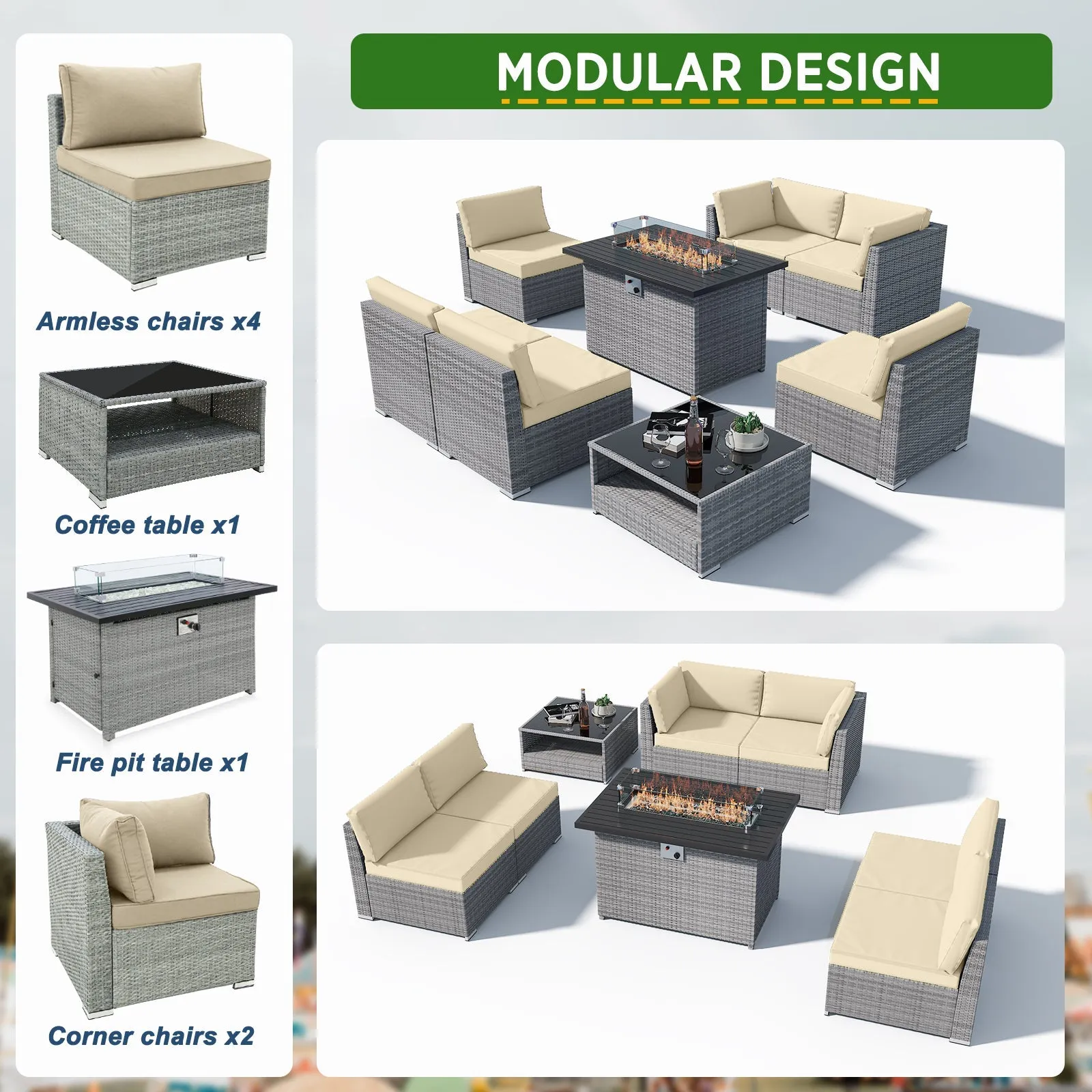 8 Piece Outdoor Wicker Patio Furniture Set with Fire Table and Coffee Table