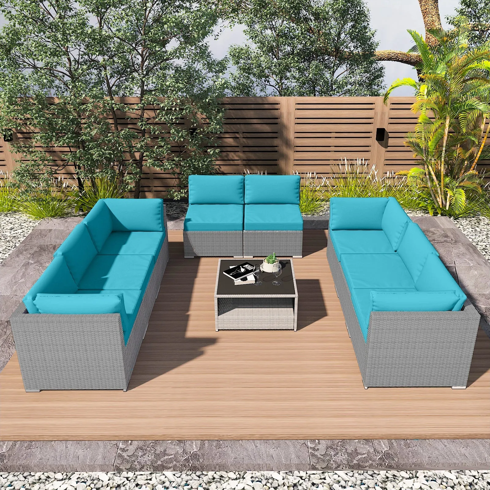 9 Piece Outdoor Wicker Patio Furniture Set with Coffee Table for 8 People