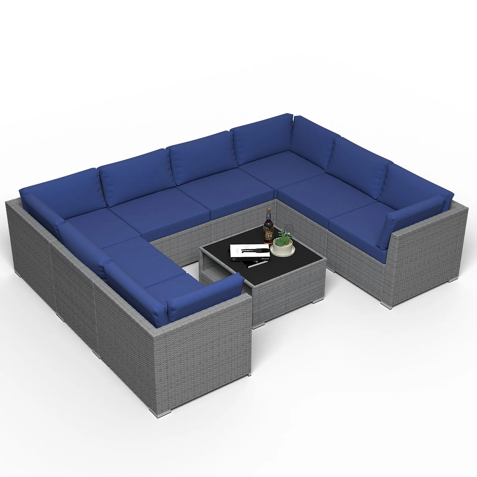 9 Piece Outdoor Wicker Patio Furniture Set with Coffee Table for 8 People