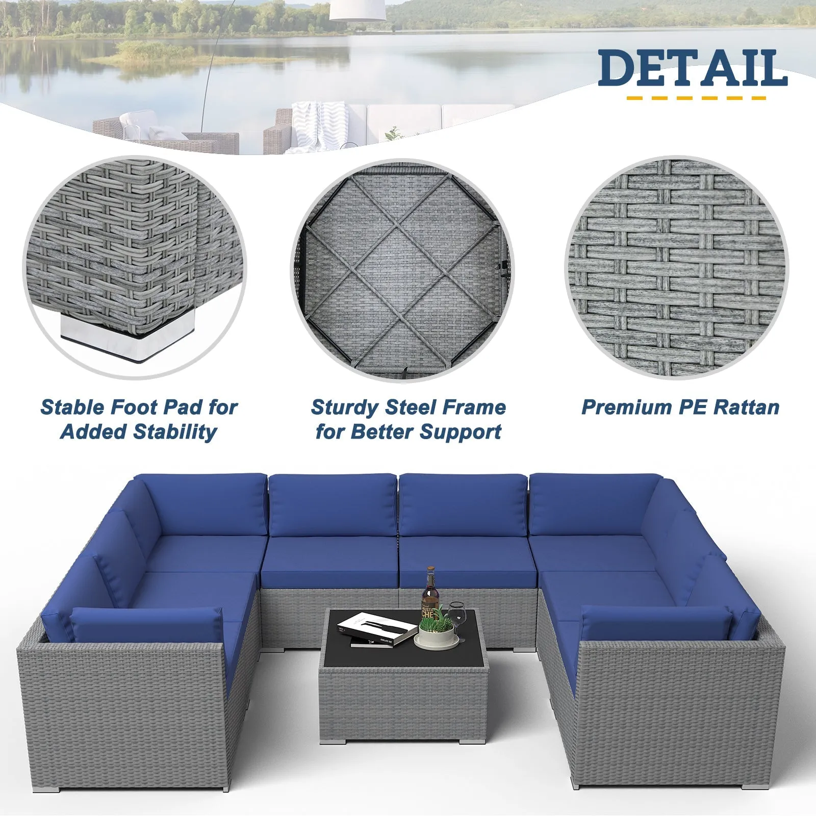 9 Piece Outdoor Wicker Patio Furniture Set with Coffee Table for 8 People