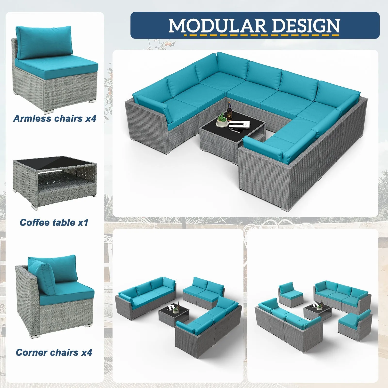 9 Piece Outdoor Wicker Patio Furniture Set with Coffee Table for 8 People
