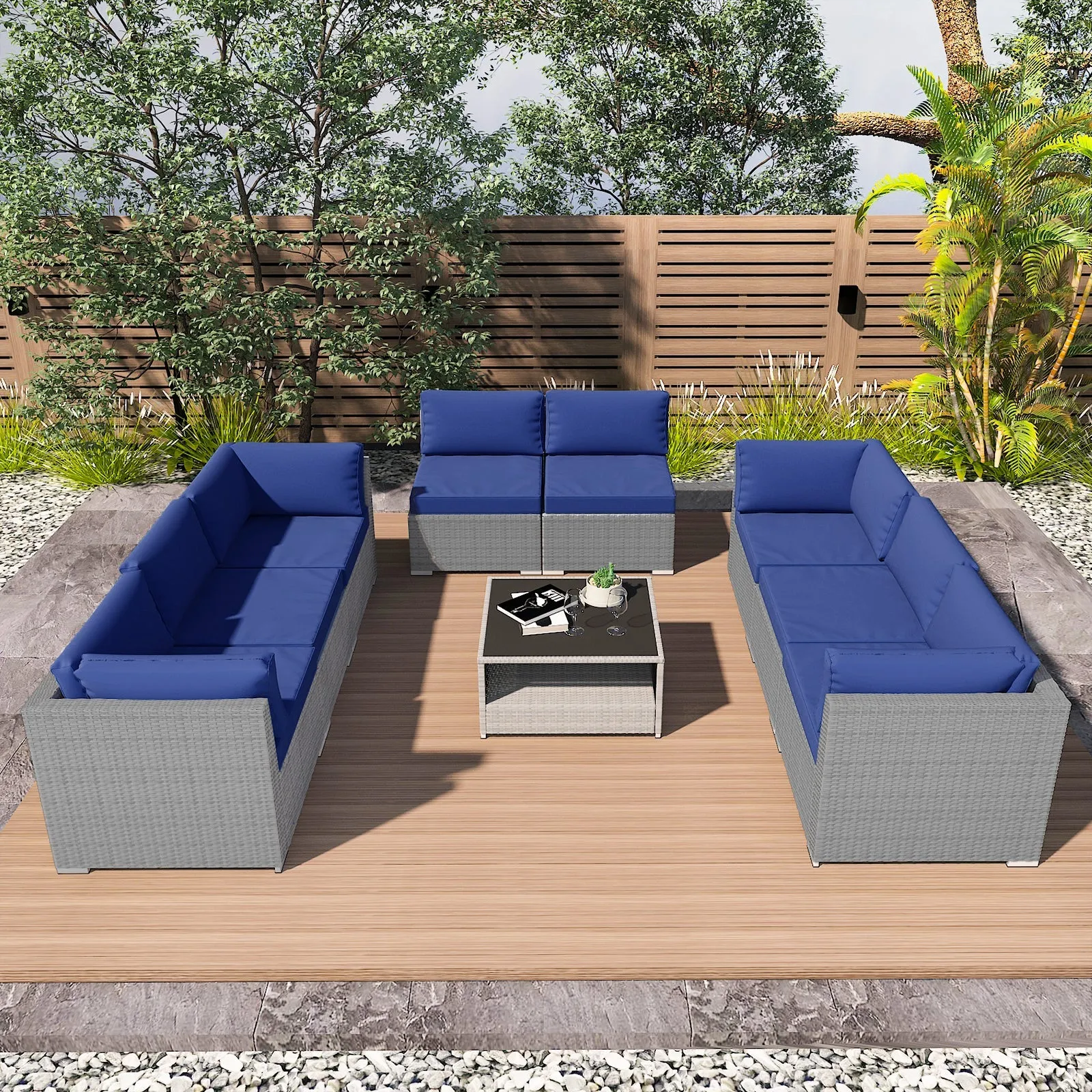 9 Piece Outdoor Wicker Patio Furniture Set with Coffee Table for 8 People