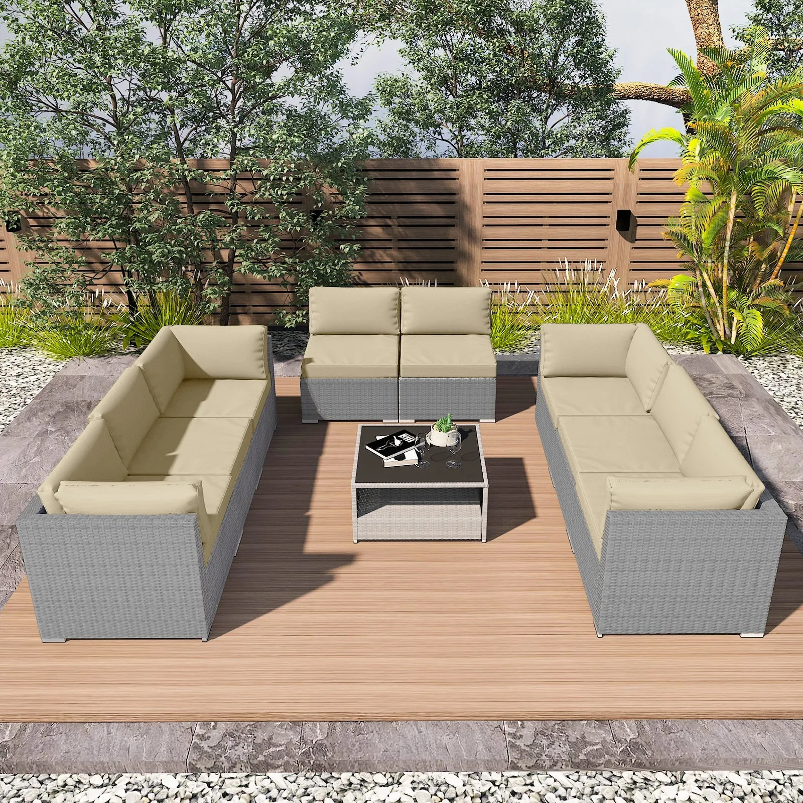 9 Piece Outdoor Wicker Patio Furniture Set with Coffee Table for 8 People